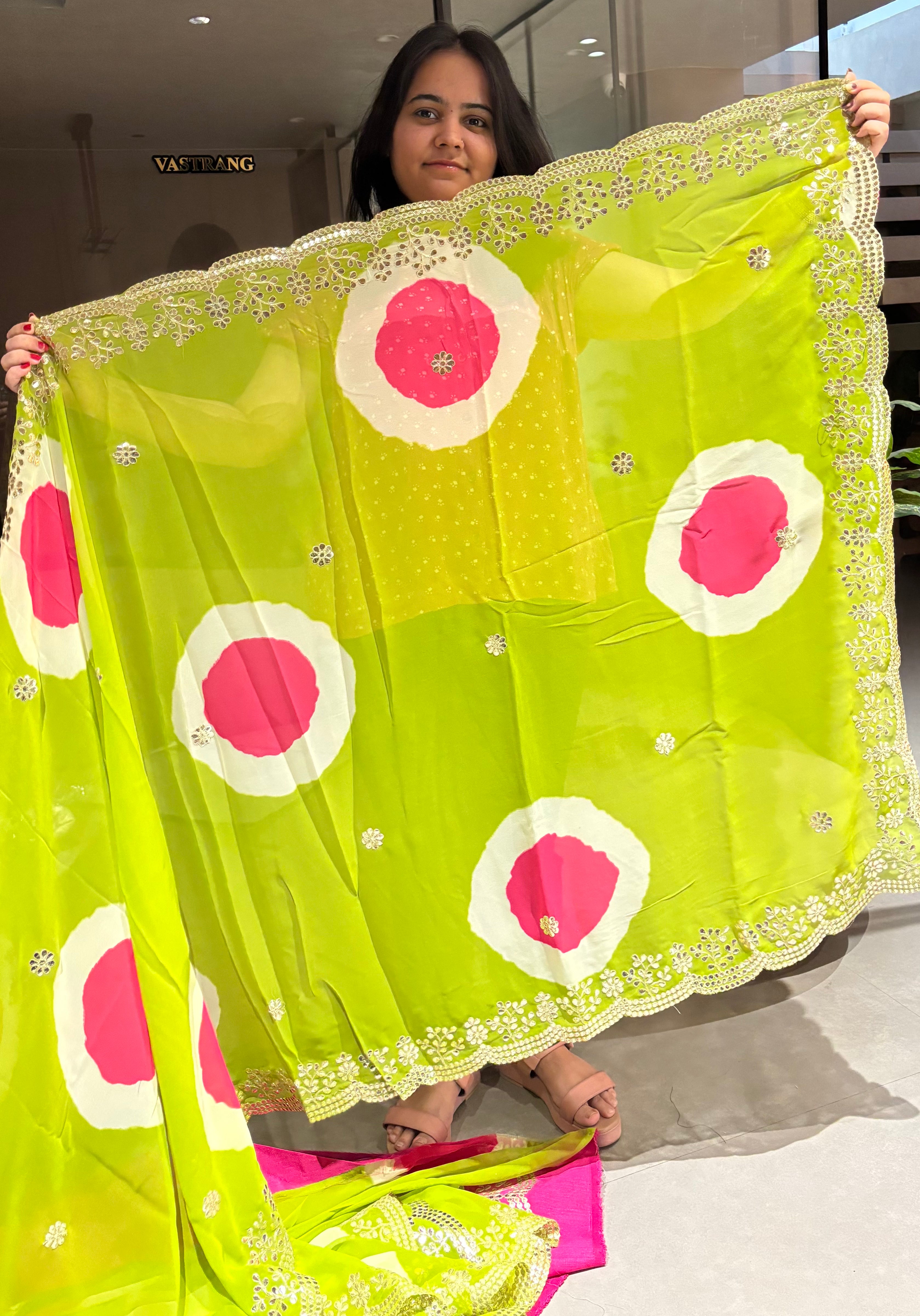 Blooming Party Wear Georgette Bandhej Print n Embroidery Work Fancy Saree For Occasion