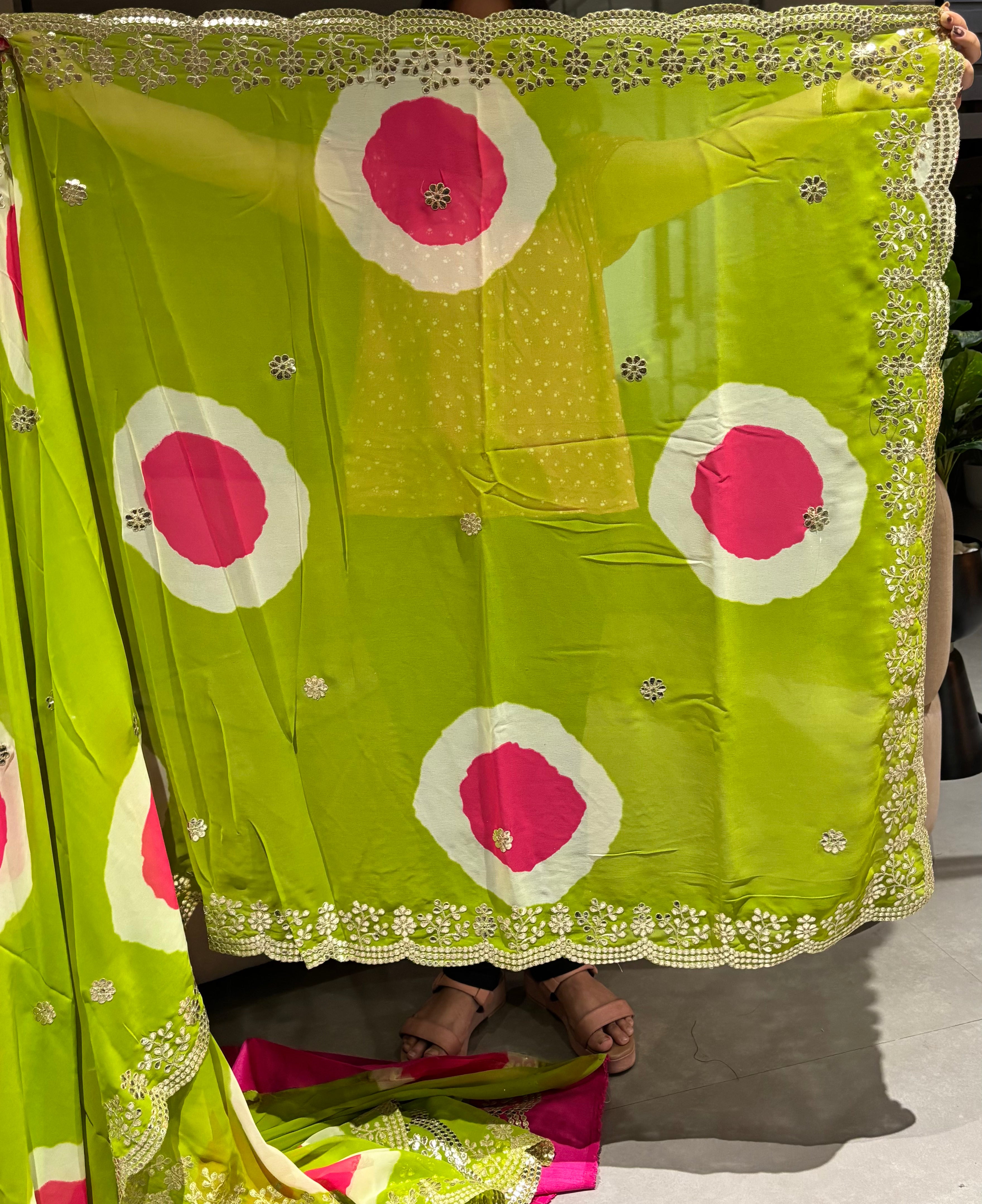 Blooming Party Wear Georgette Bandhej Print n Embroidery Work Fancy Saree For Occasion