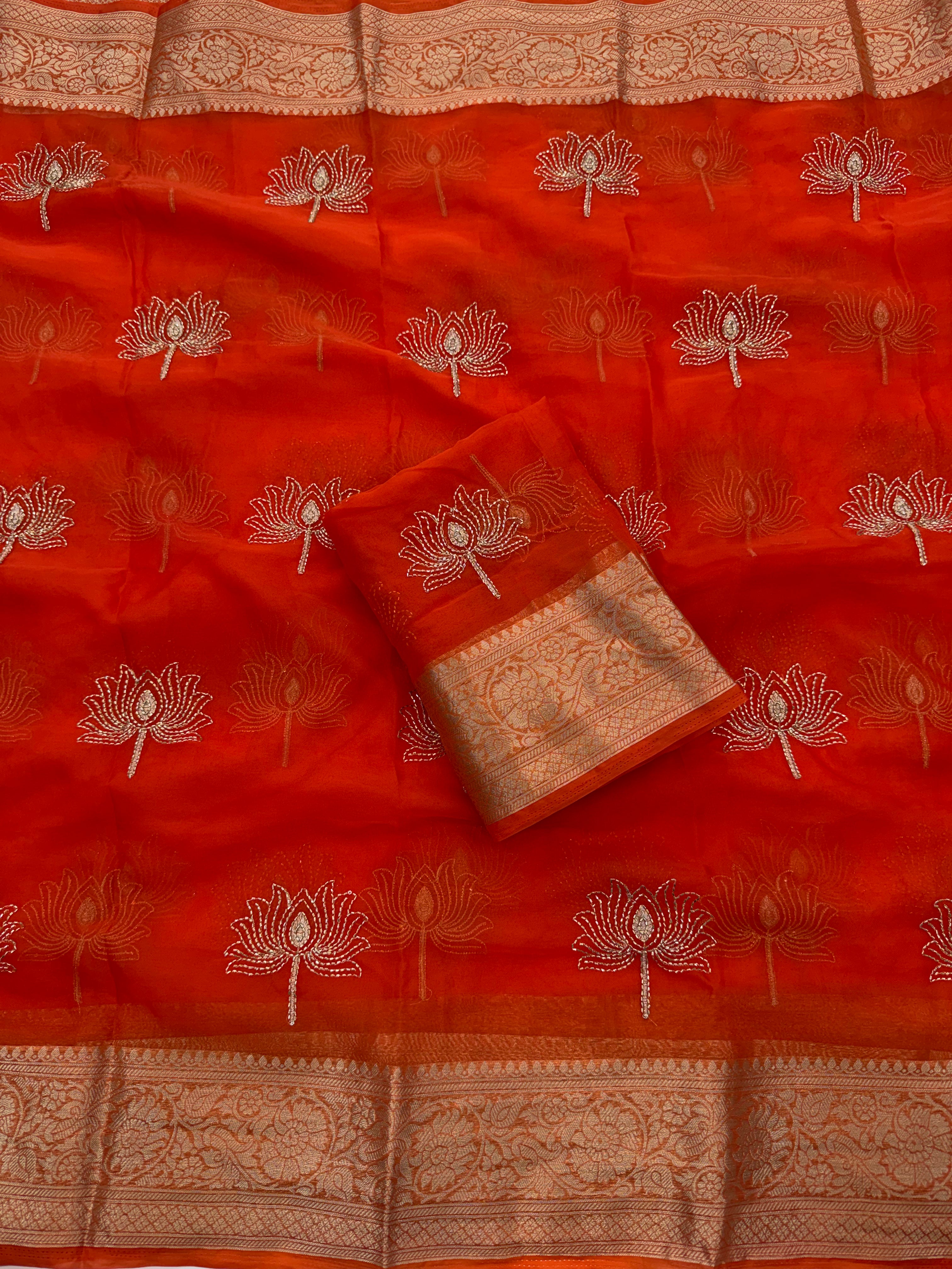 Whimsical Party Wear Organza Silk Jacquard Border n Beads Work Fancy Saree With Blouse Piece