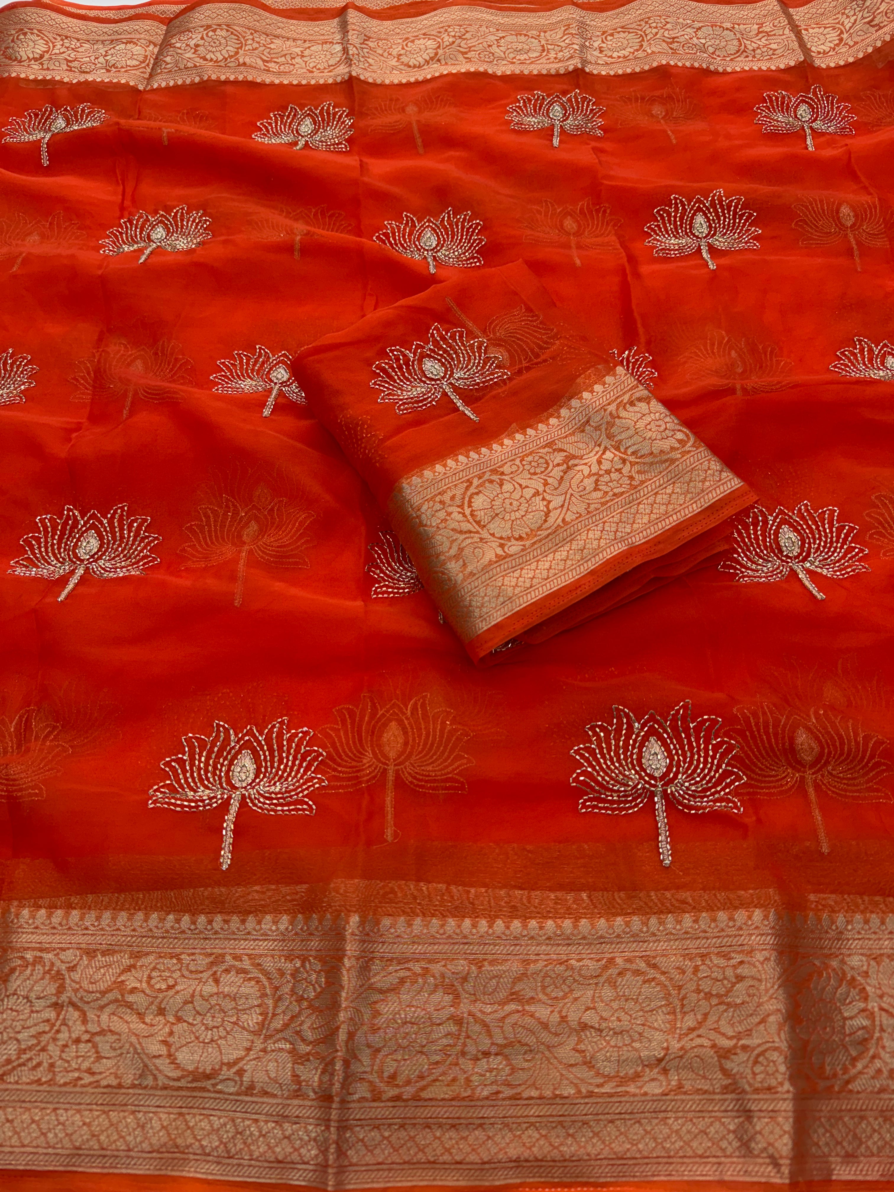 Whimsical Party Wear Organza Silk Jacquard Border n Beads Work Fancy Saree With Blouse Piece
