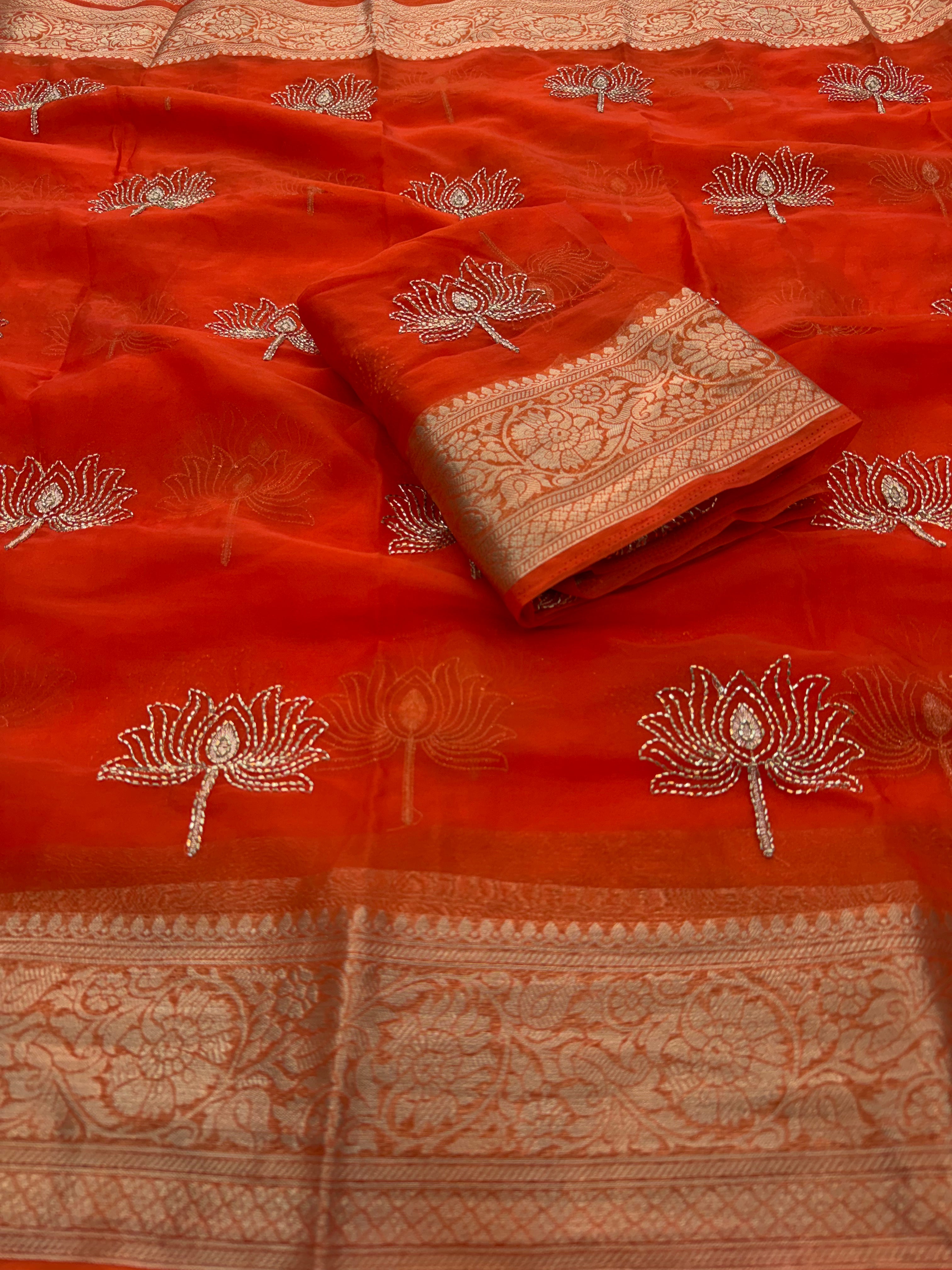 Whimsical Party Wear Organza Silk Jacquard Border n Beads Work Fancy Saree With Blouse Piece