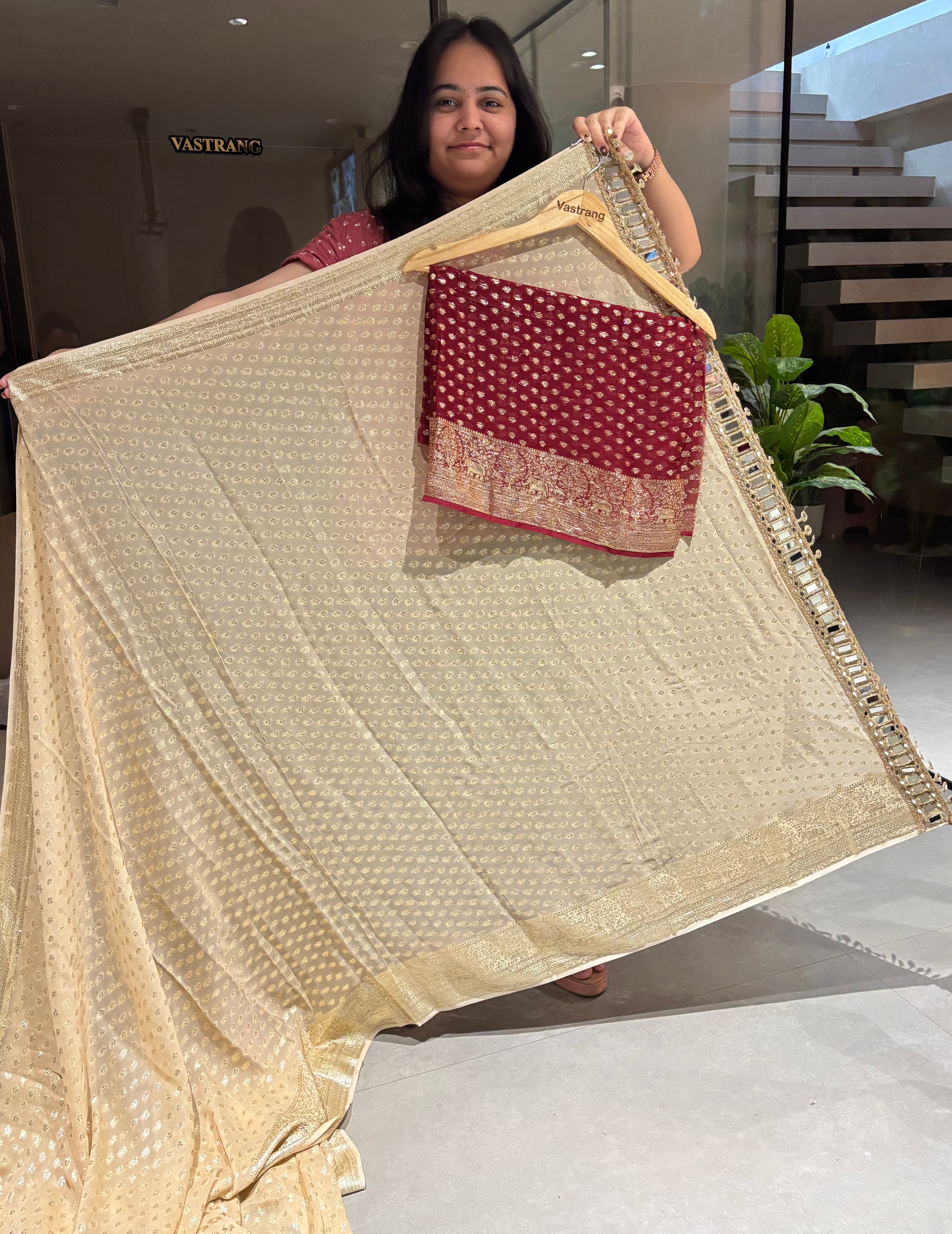 Evocative Wedding Wear Viscose Georgette Jacquard Zari n Mirror Work Border Fancy Saree With Blouse Piece