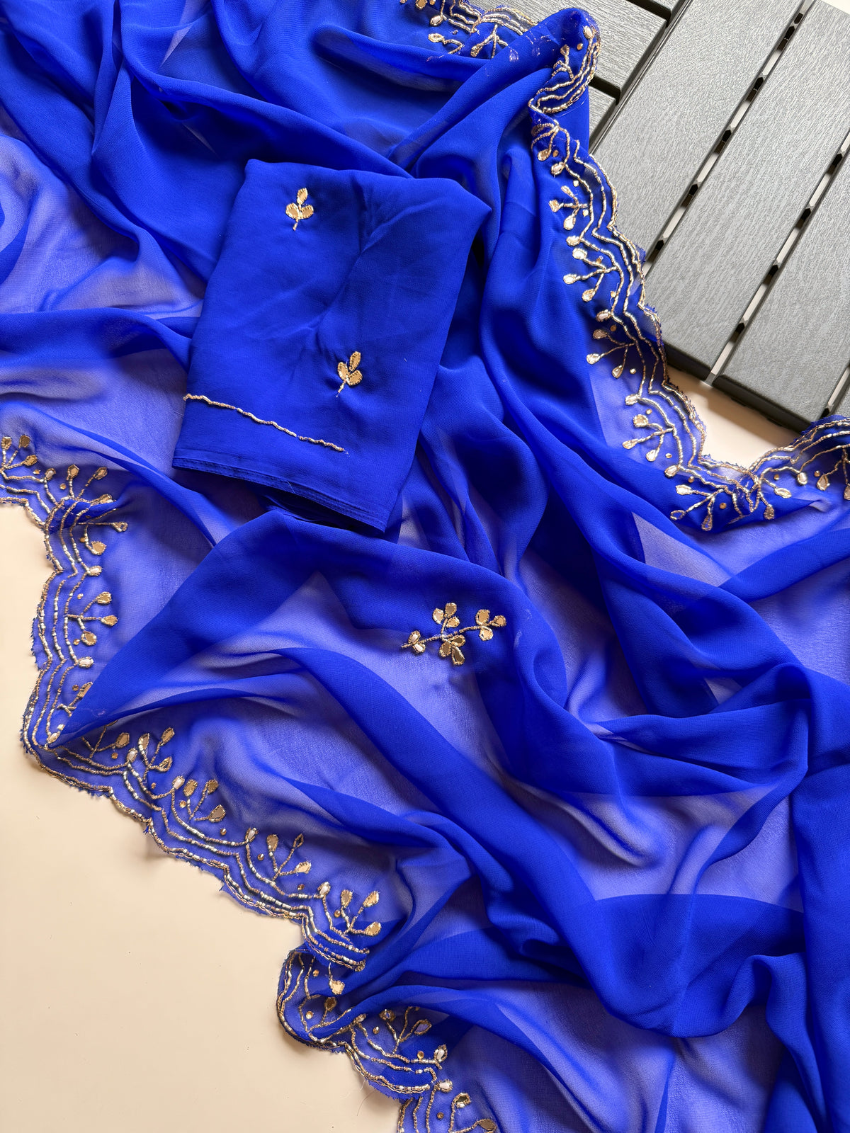 Dazzling Party Wear Georgette Mirror Handwork n Arco Border Designer Saree With Blouse Piece