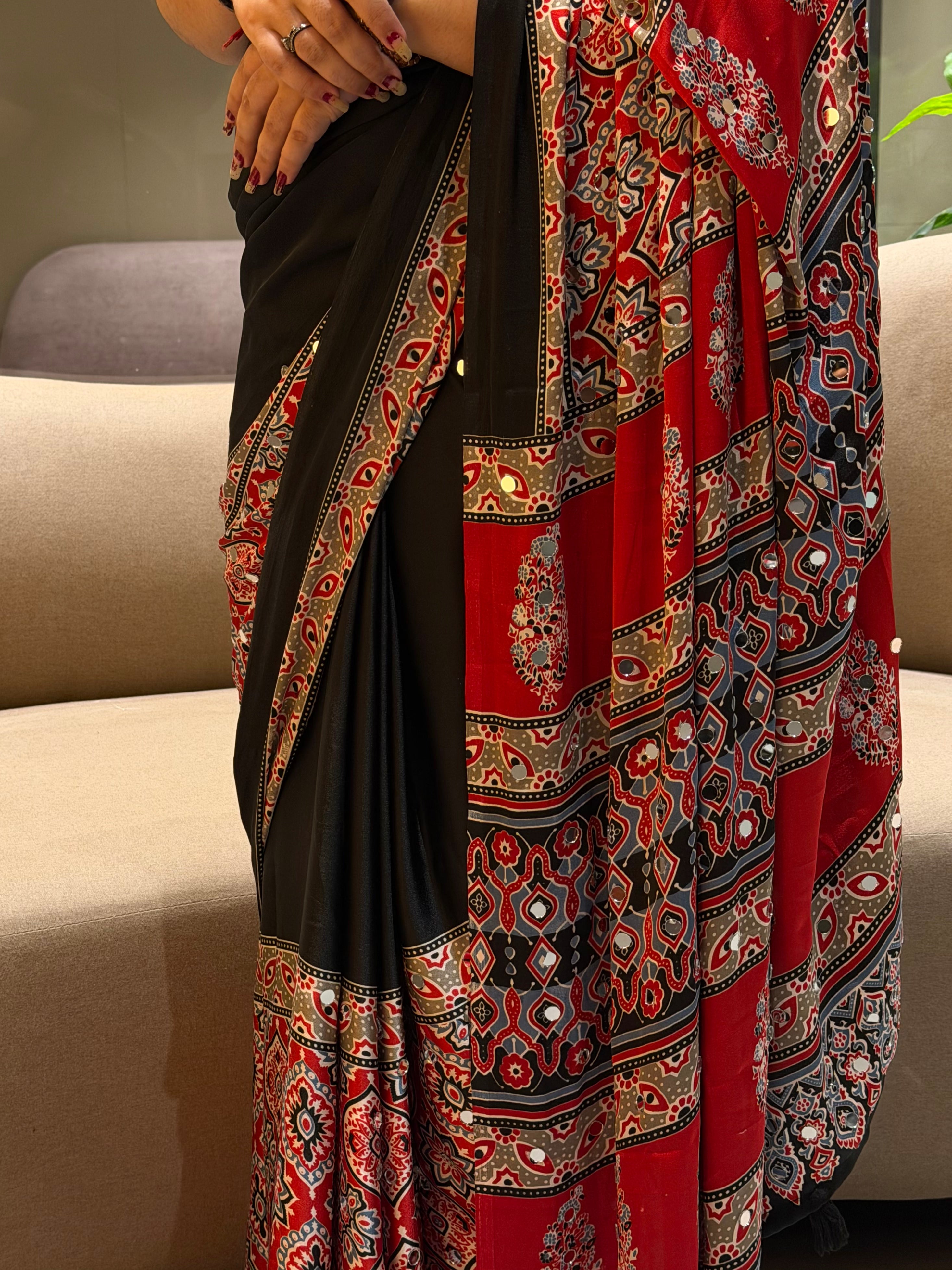 Regal Festive Wear Satin Silk Heavy Mirror n Latkan Pallu Designer Saree With Unstitched Blouse Piece