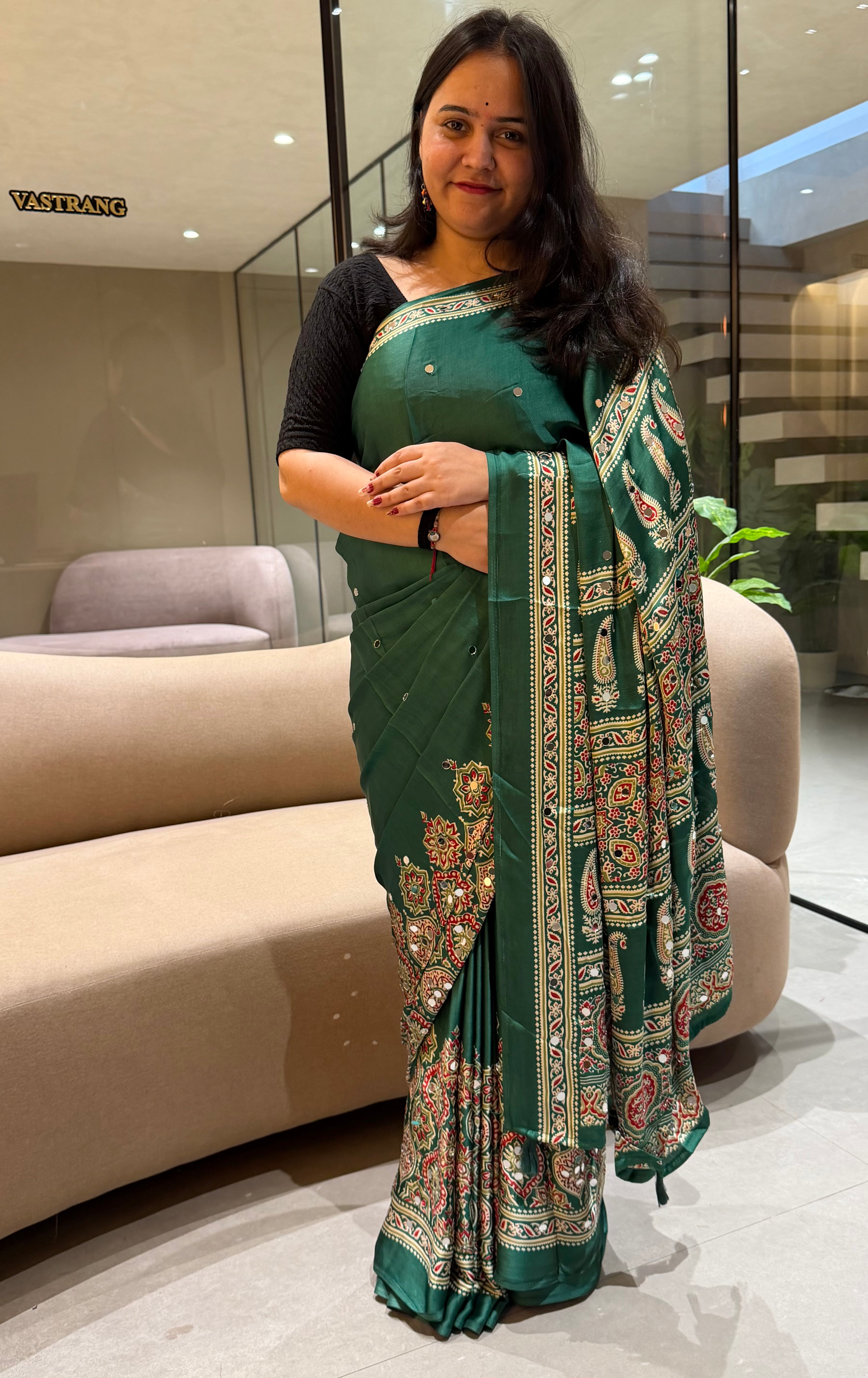 Divine Function Wear Satin Silk Heavy Mirror n Latkan Pallu Designer Saree With Unstitched Blouse Piece