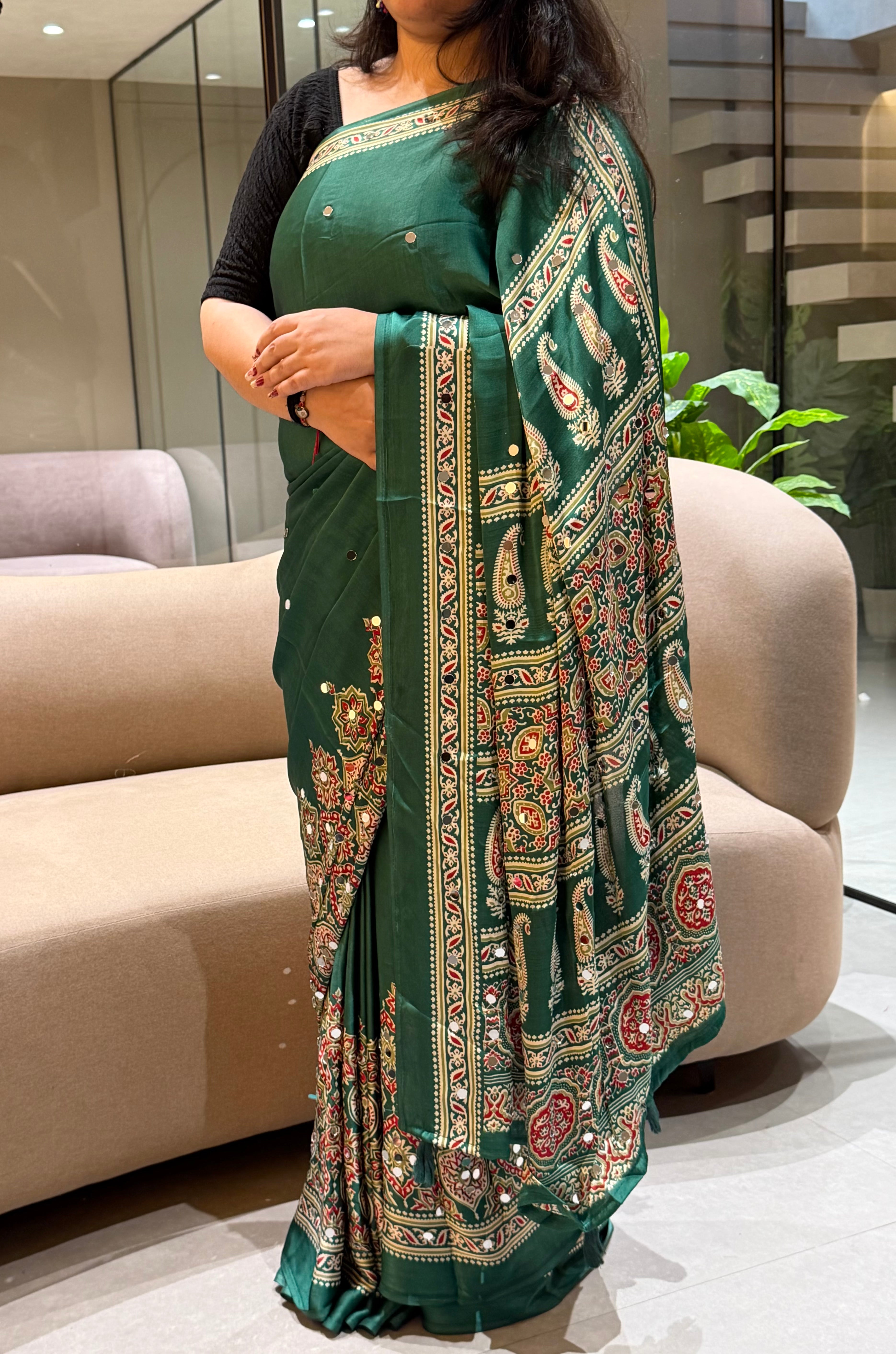 Divine Function Wear Satin Silk Heavy Mirror n Latkan Pallu Designer Saree With Unstitched Blouse Piece