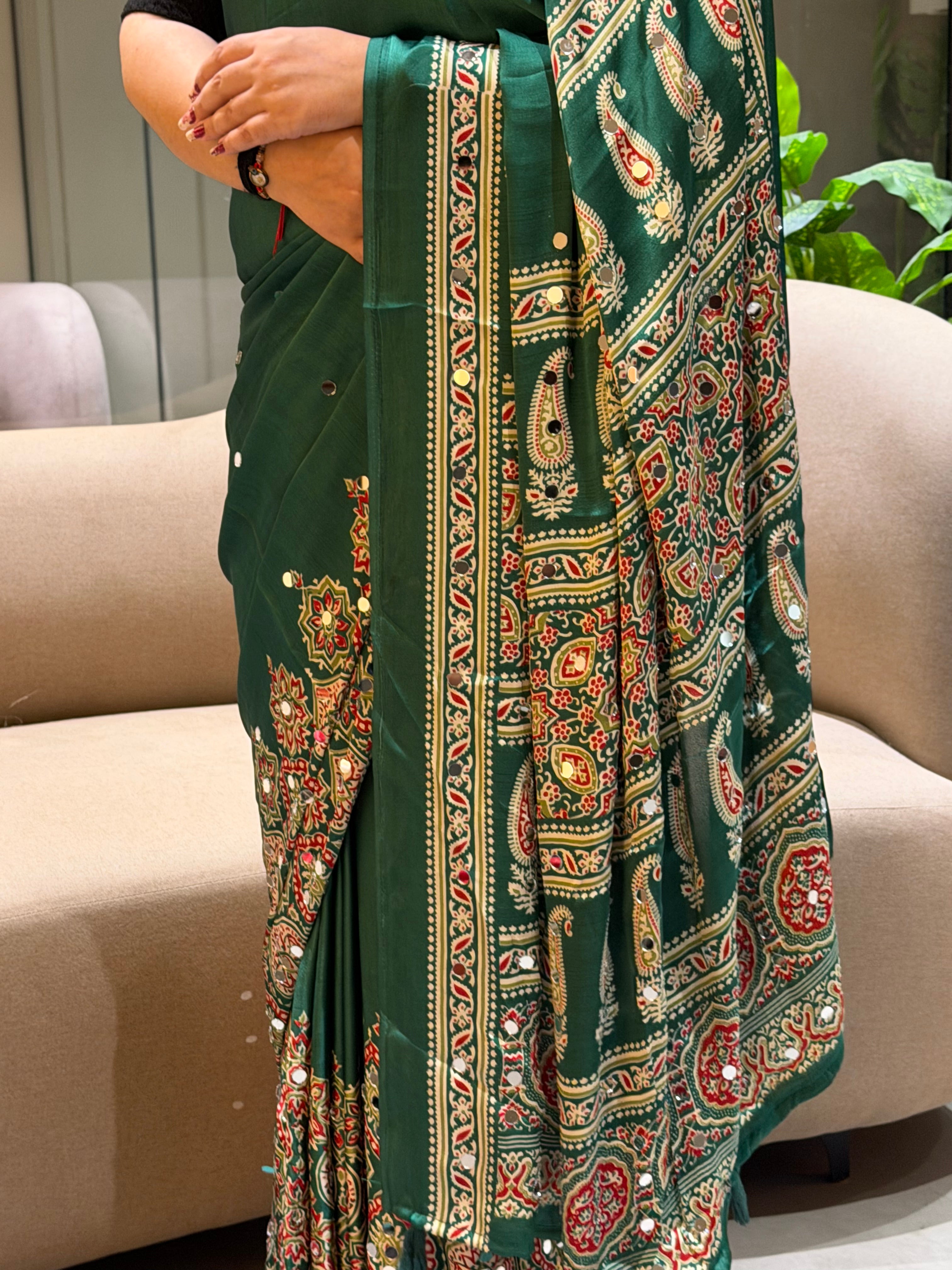 Divine Function Wear Satin Silk Heavy Mirror n Latkan Pallu Designer Saree With Unstitched Blouse Piece