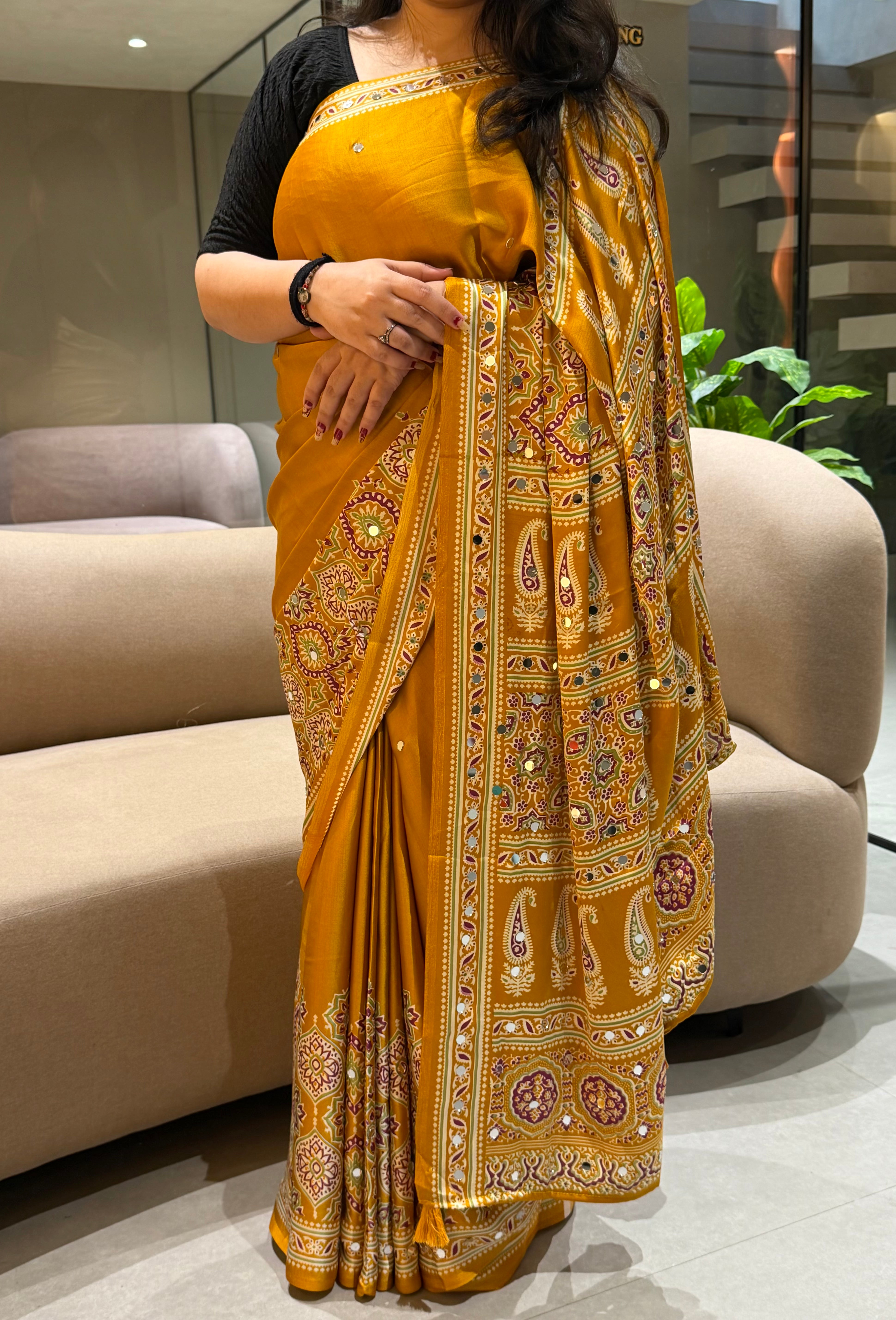 Divine Function Wear Satin Silk Heavy Mirror n Latkan Pallu Designer Saree With Unstitched Blouse Piece