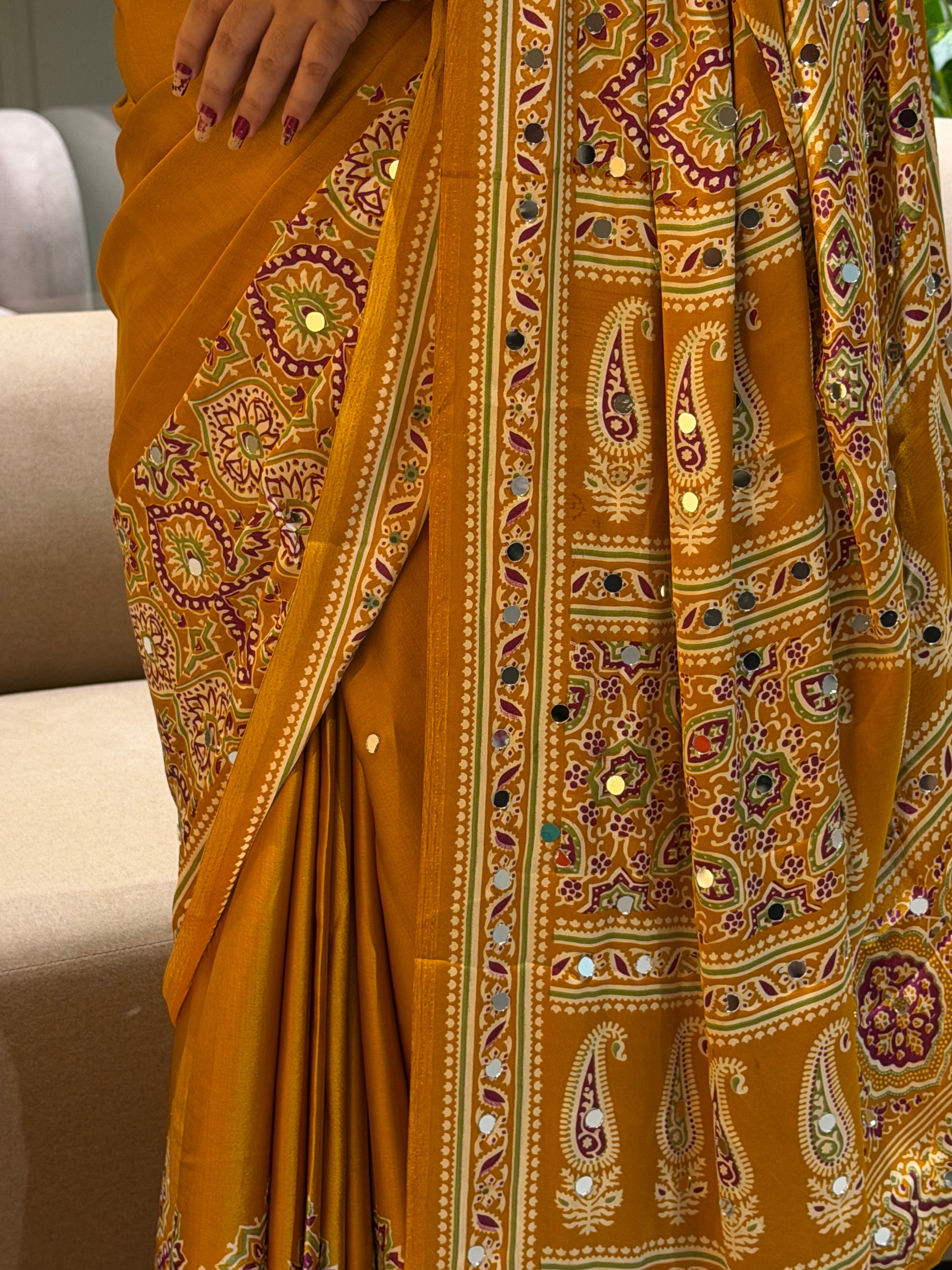 Divine Function Wear Satin Silk Heavy Mirror n Latkan Pallu Designer Saree With Unstitched Blouse Piece