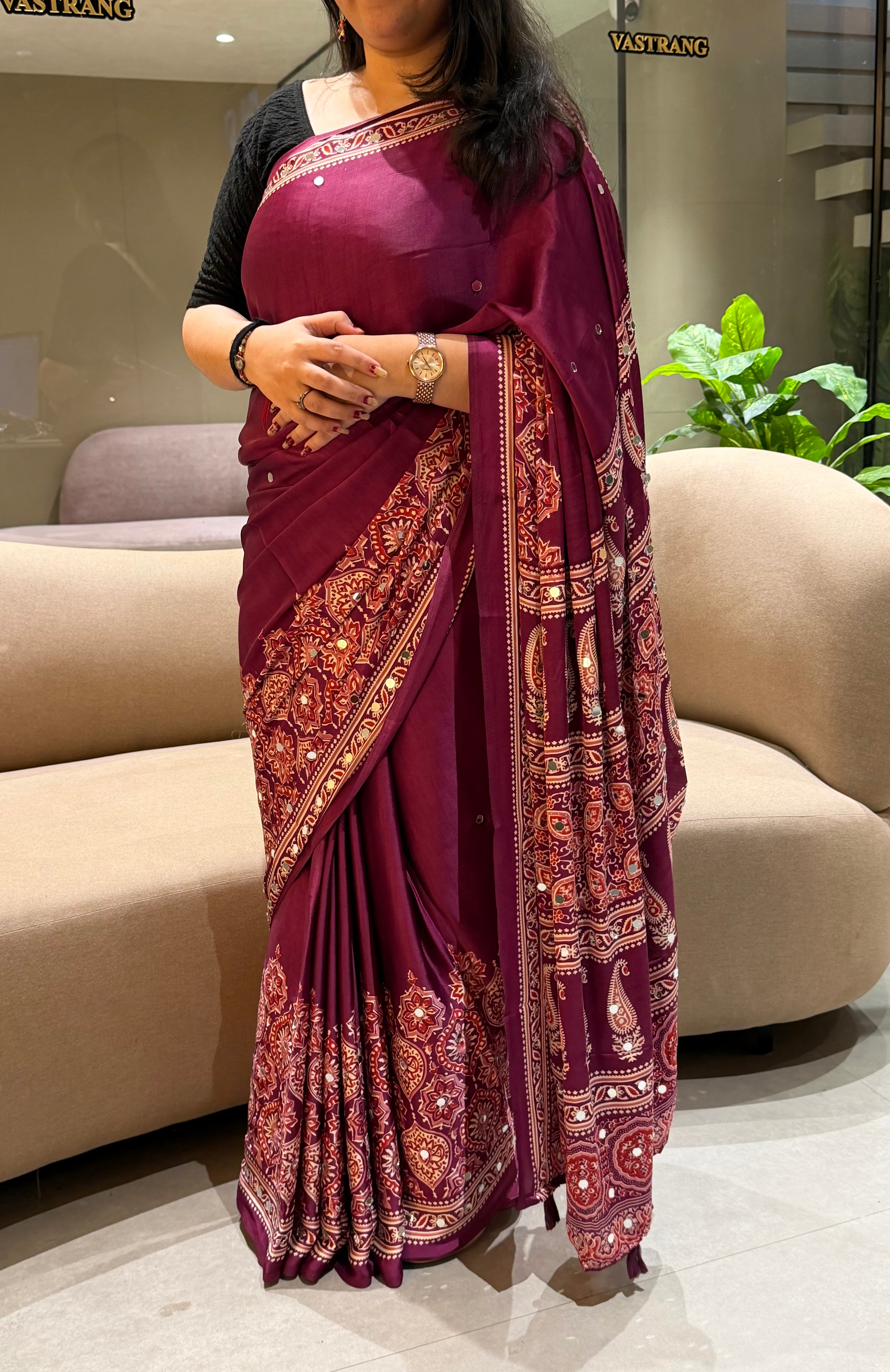 Divine Function Wear Satin Silk Heavy Mirror n Latkan Pallu Designer Saree With Unstitched Blouse Piece