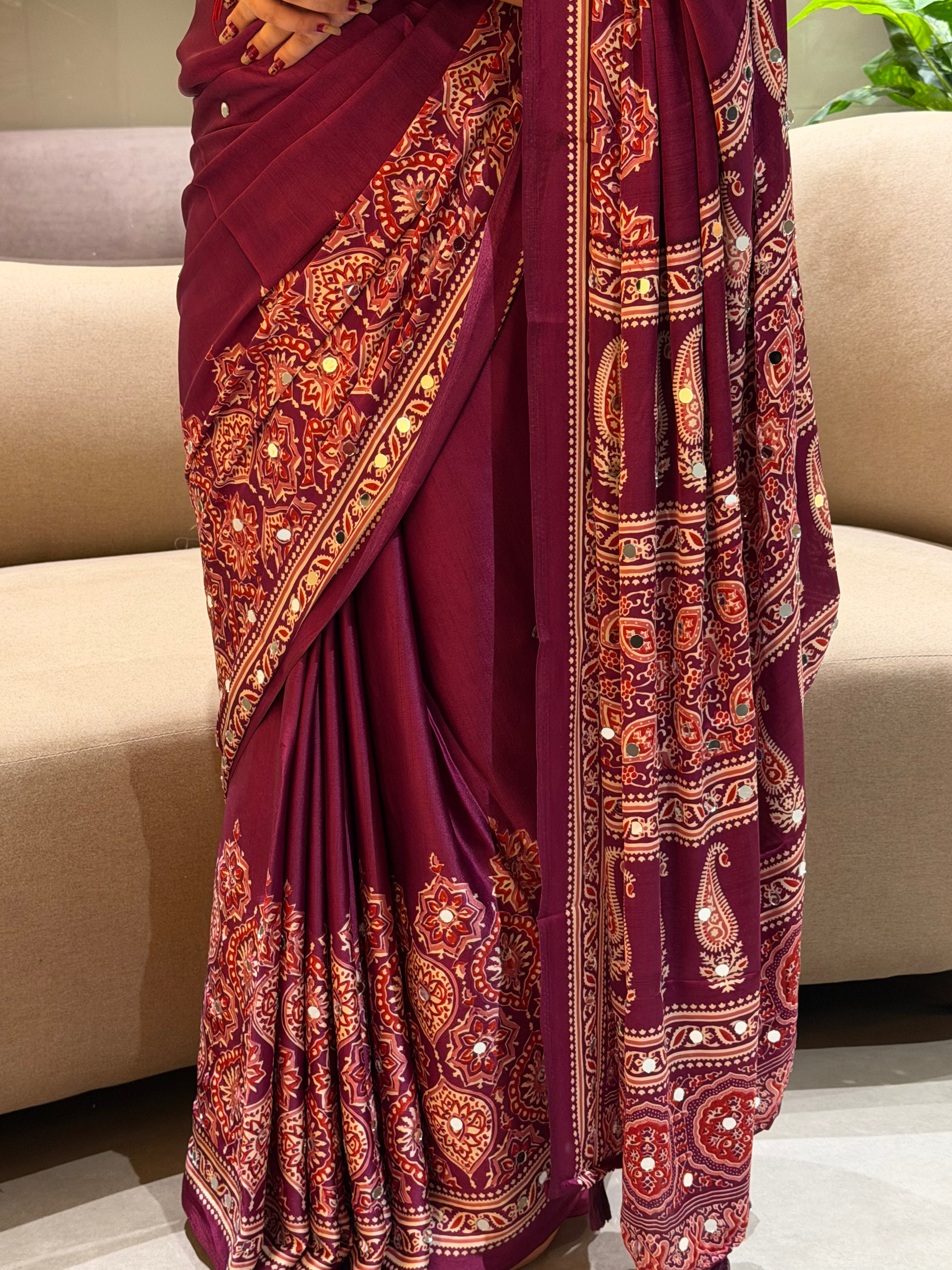 Divine Function Wear Satin Silk Heavy Mirror n Latkan Pallu Designer Saree With Unstitched Blouse Piece