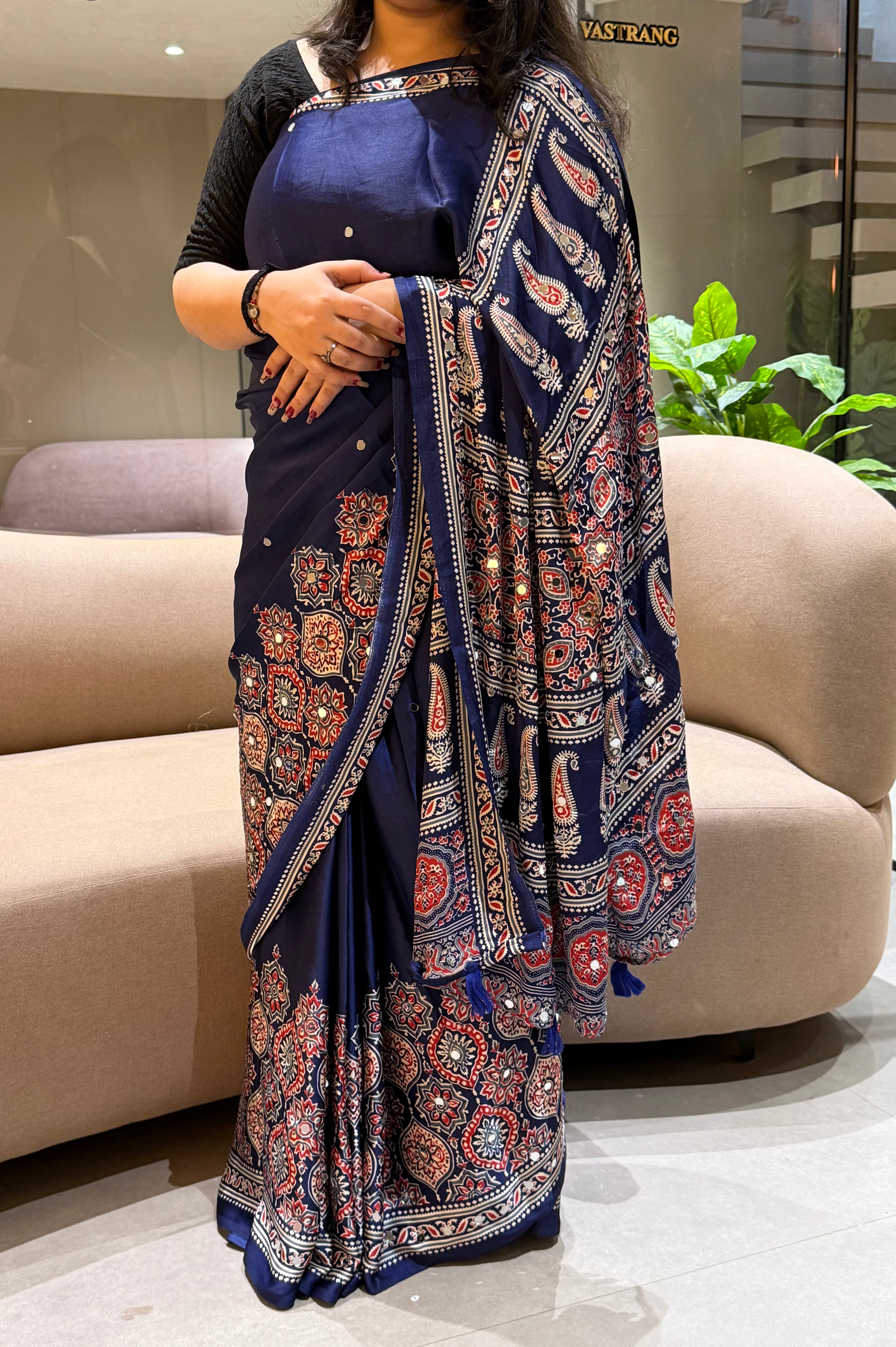 Divine Function Wear Satin Silk Heavy Mirror n Latkan Pallu Designer Saree With Unstitched Blouse Piece