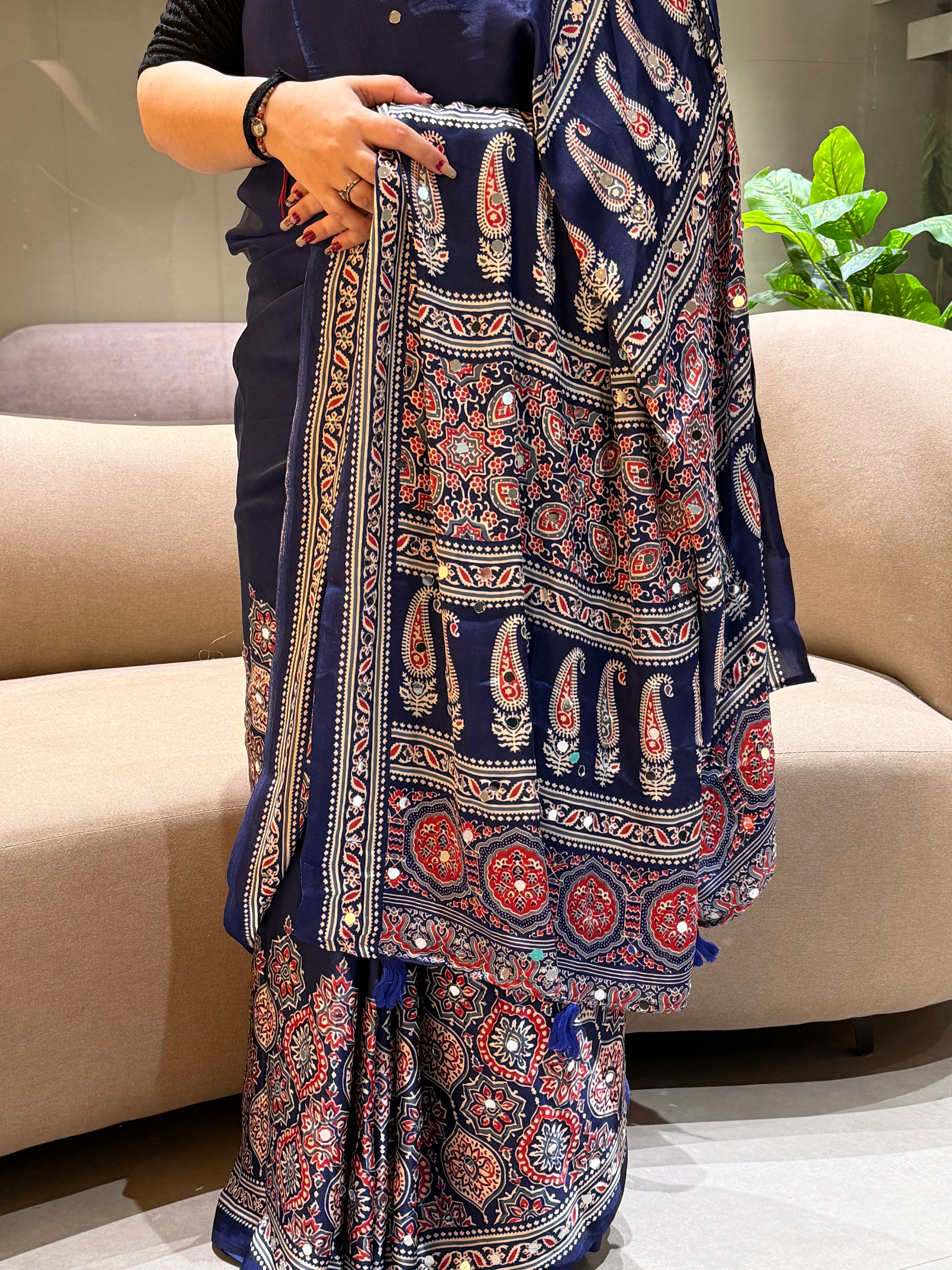 Divine Function Wear Satin Silk Heavy Mirror n Latkan Pallu Designer Saree With Unstitched Blouse Piece