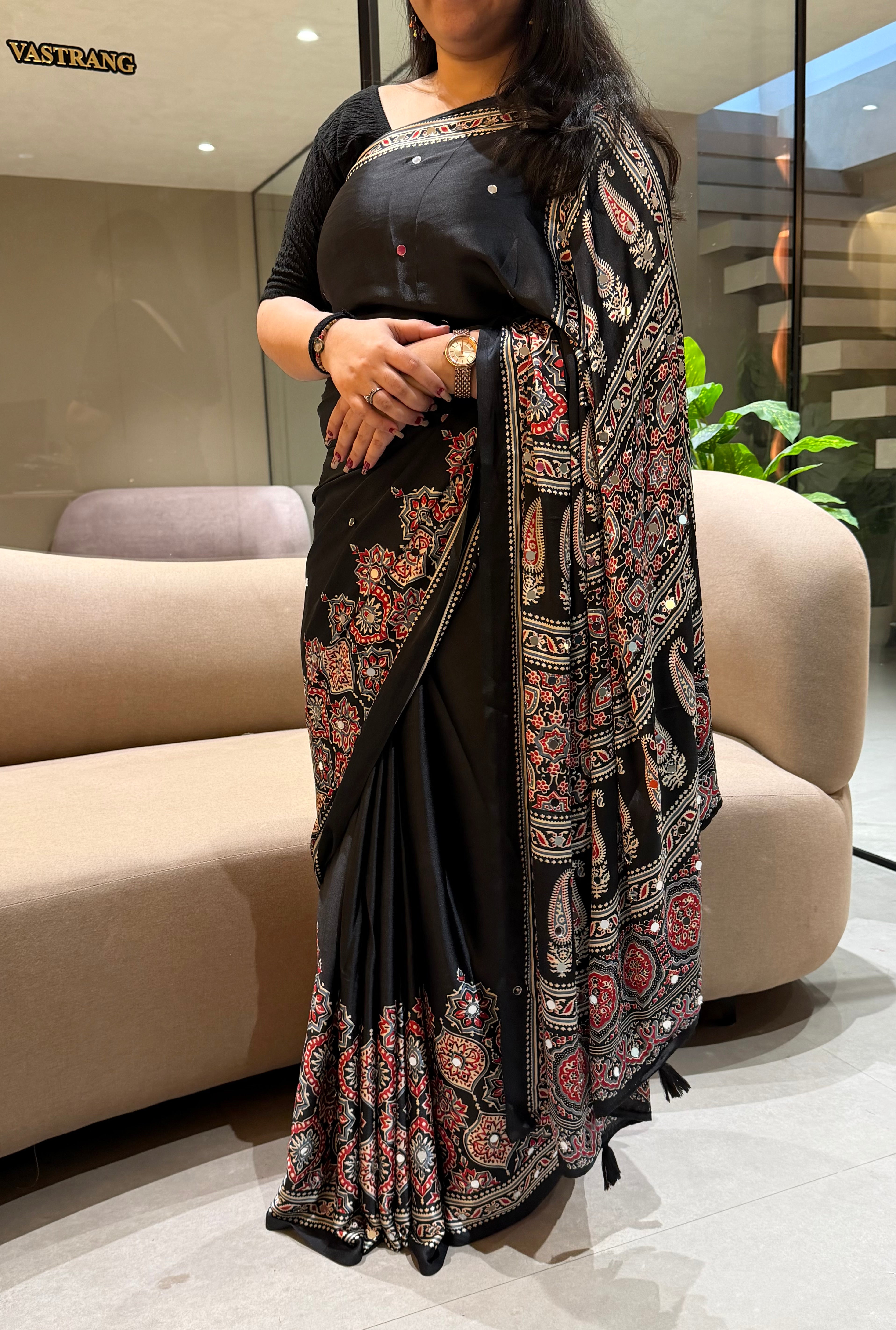 Divine Function Wear Satin Silk Heavy Mirror n Latkan Pallu Designer Saree With Unstitched Blouse Piece