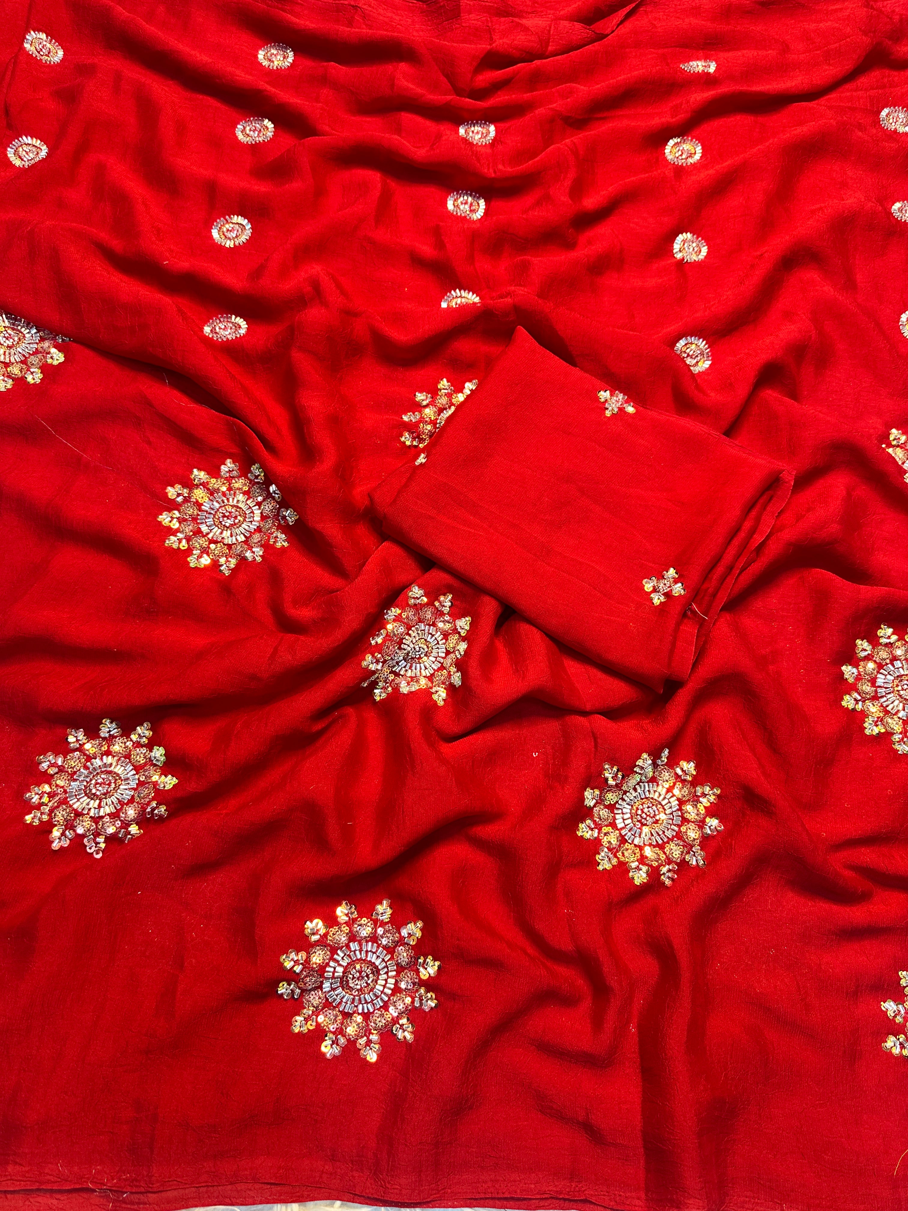 Adorning Festive Wear Silk Flower Handwork Butti Design Fancy Saree With Matching Blouse Piece