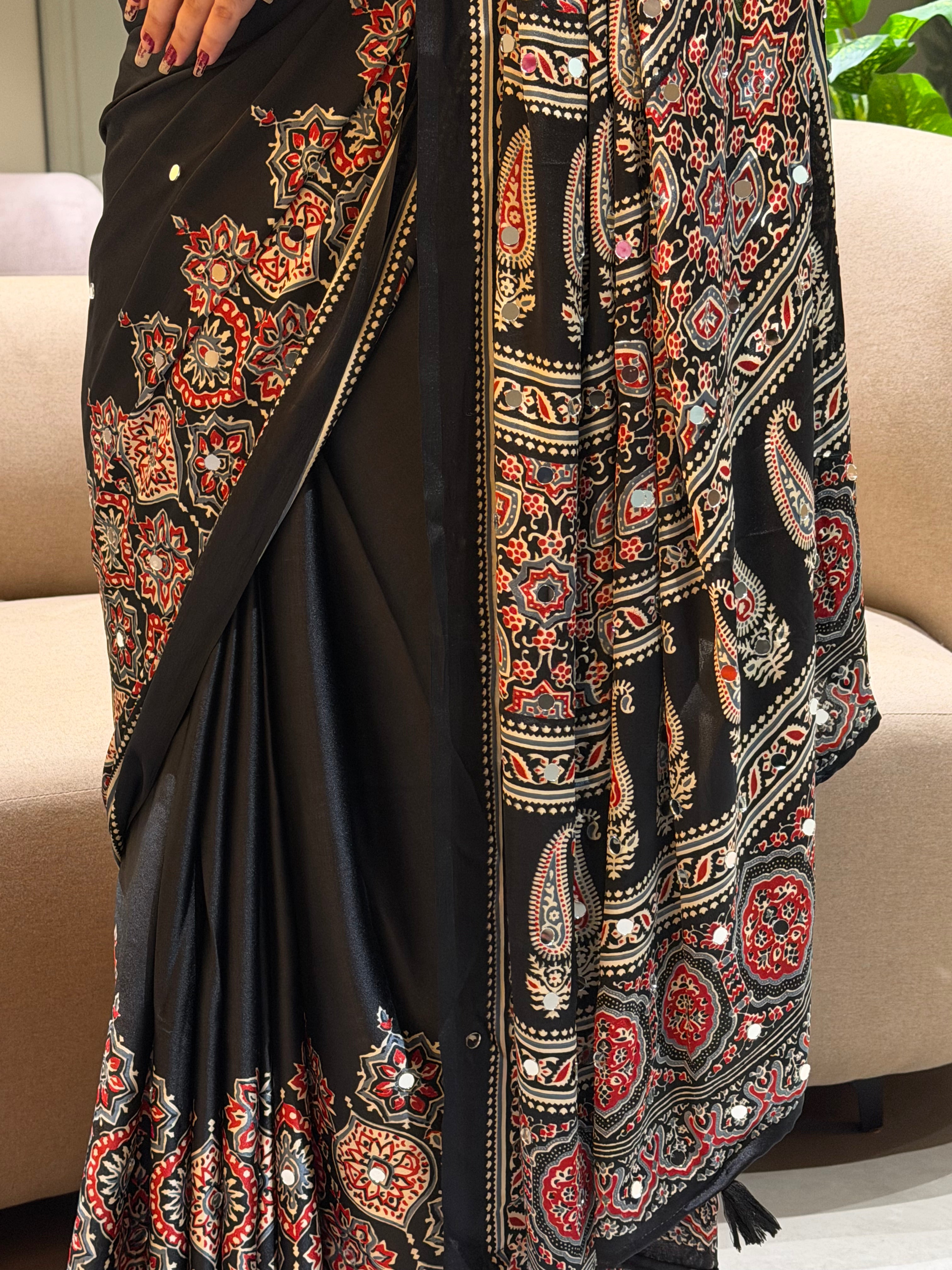 Divine Function Wear Satin Silk Heavy Mirror n Latkan Pallu Designer Saree With Unstitched Blouse Piece