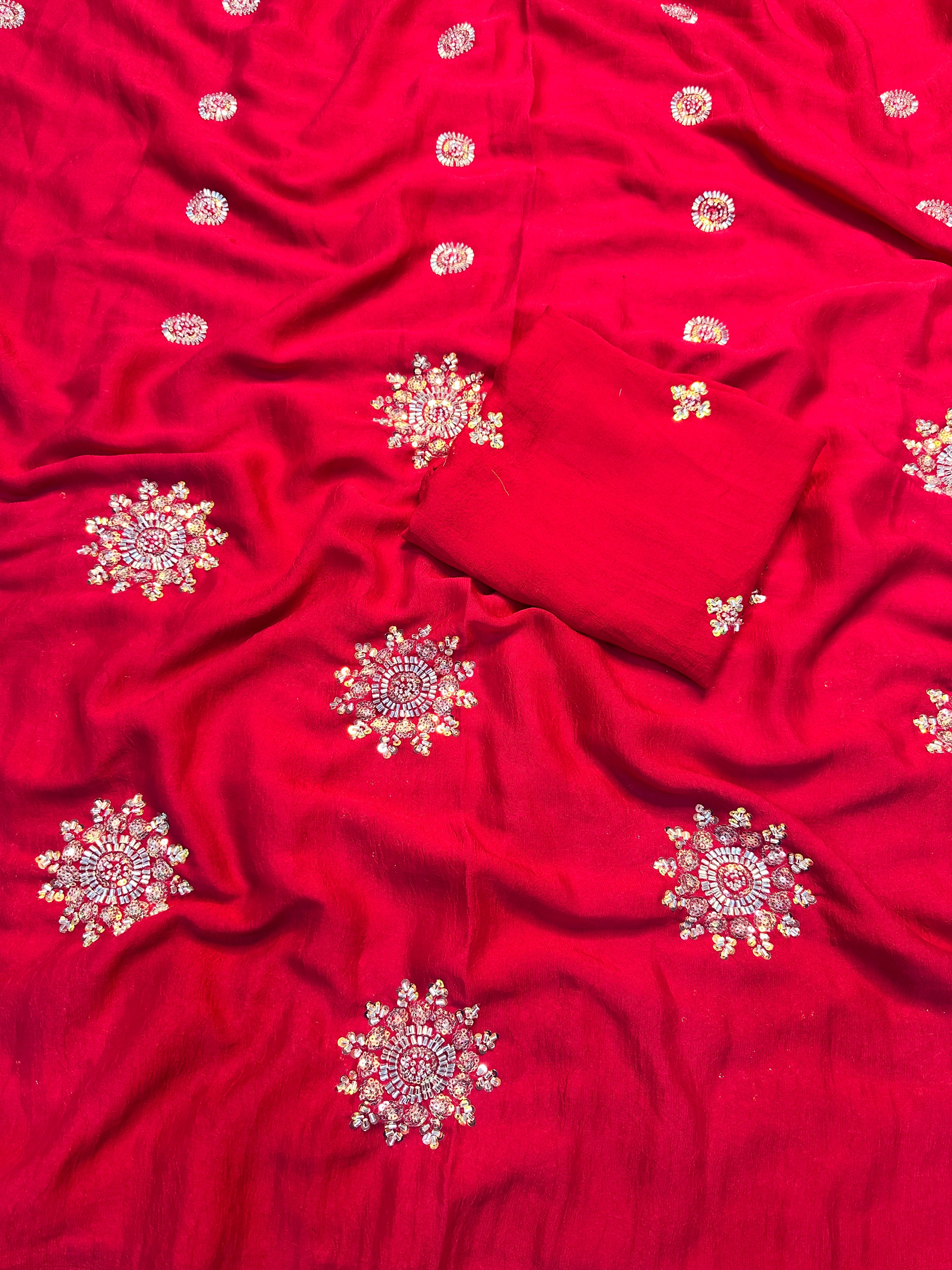 Adorning Festive Wear Silk Flower Handwork Butti Design Fancy Saree With Matching Blouse Piece