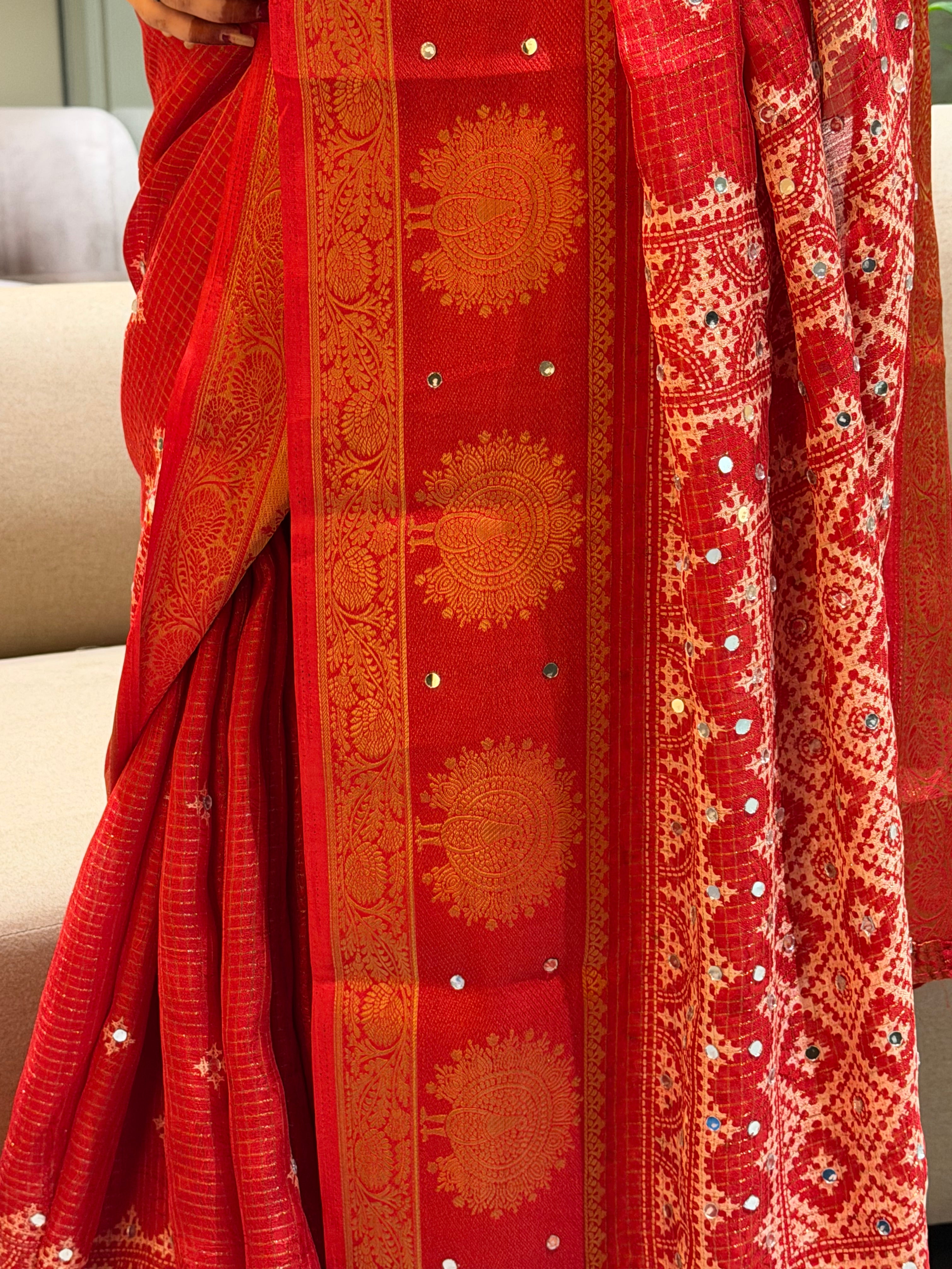Divine Wedding Wear Silk Jacquard Border Mirror Work n Rich Pallu Designer Saree With Blouse Piece