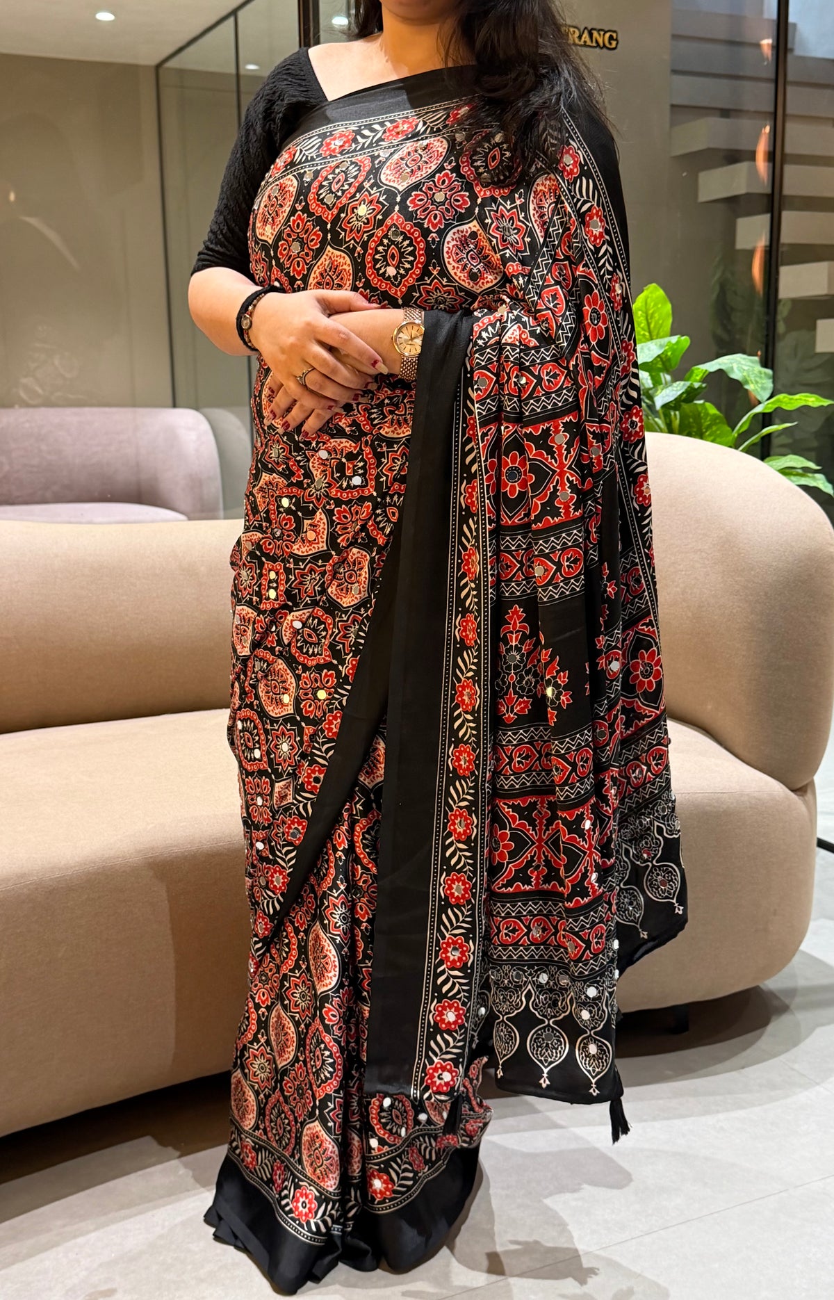 Charming Festive Wear Satin Silk Heavy Mirror n Latkan Pallu Designer Saree With Unstitched Blouse Piece