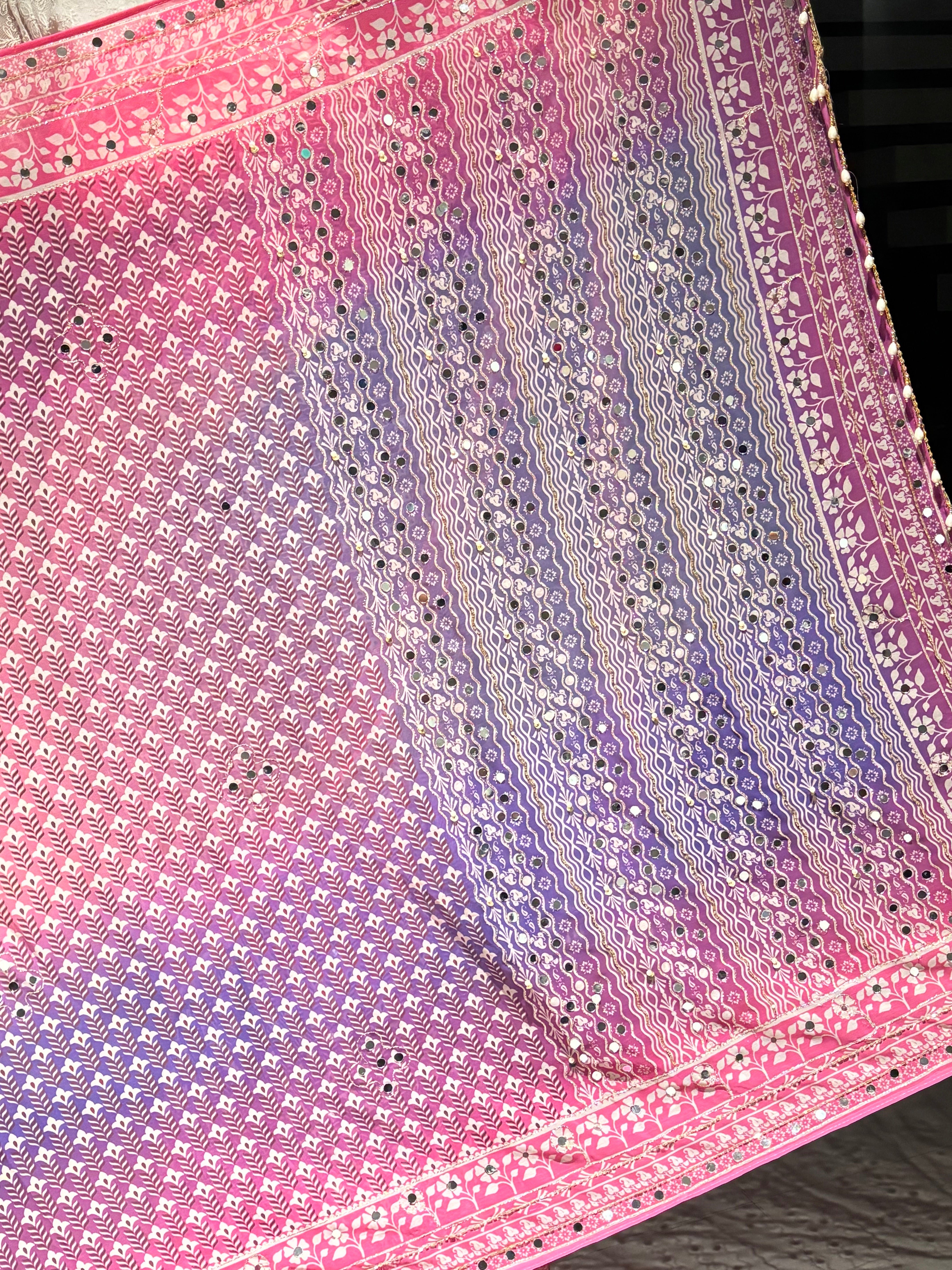 Splendorous Double Shaded Geogette Thread n Mirror Work Designer Saree For Wedding