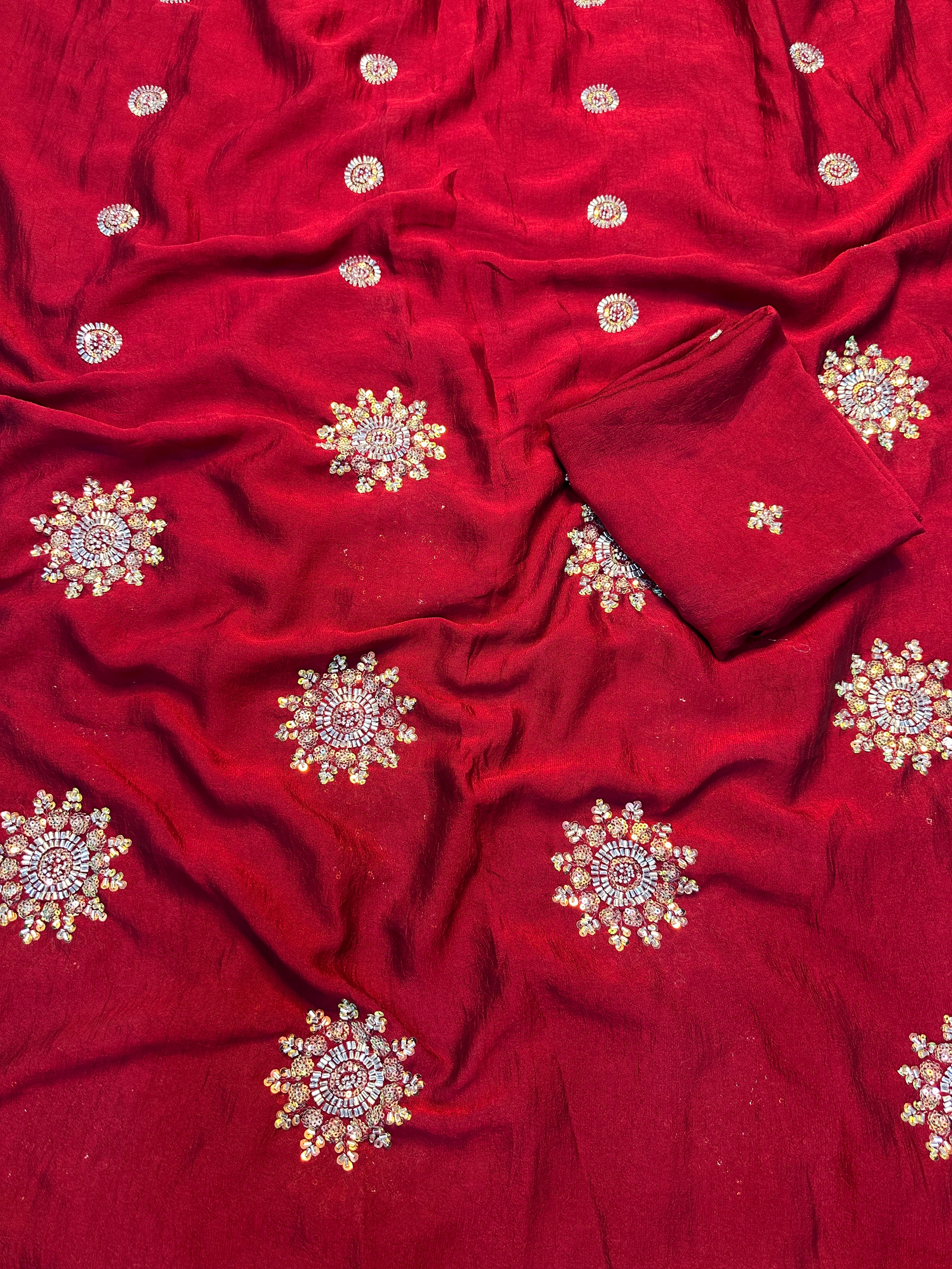 Adorning Festive Wear Silk Flower Handwork Butti Design Fancy Saree With Matching Blouse Piece