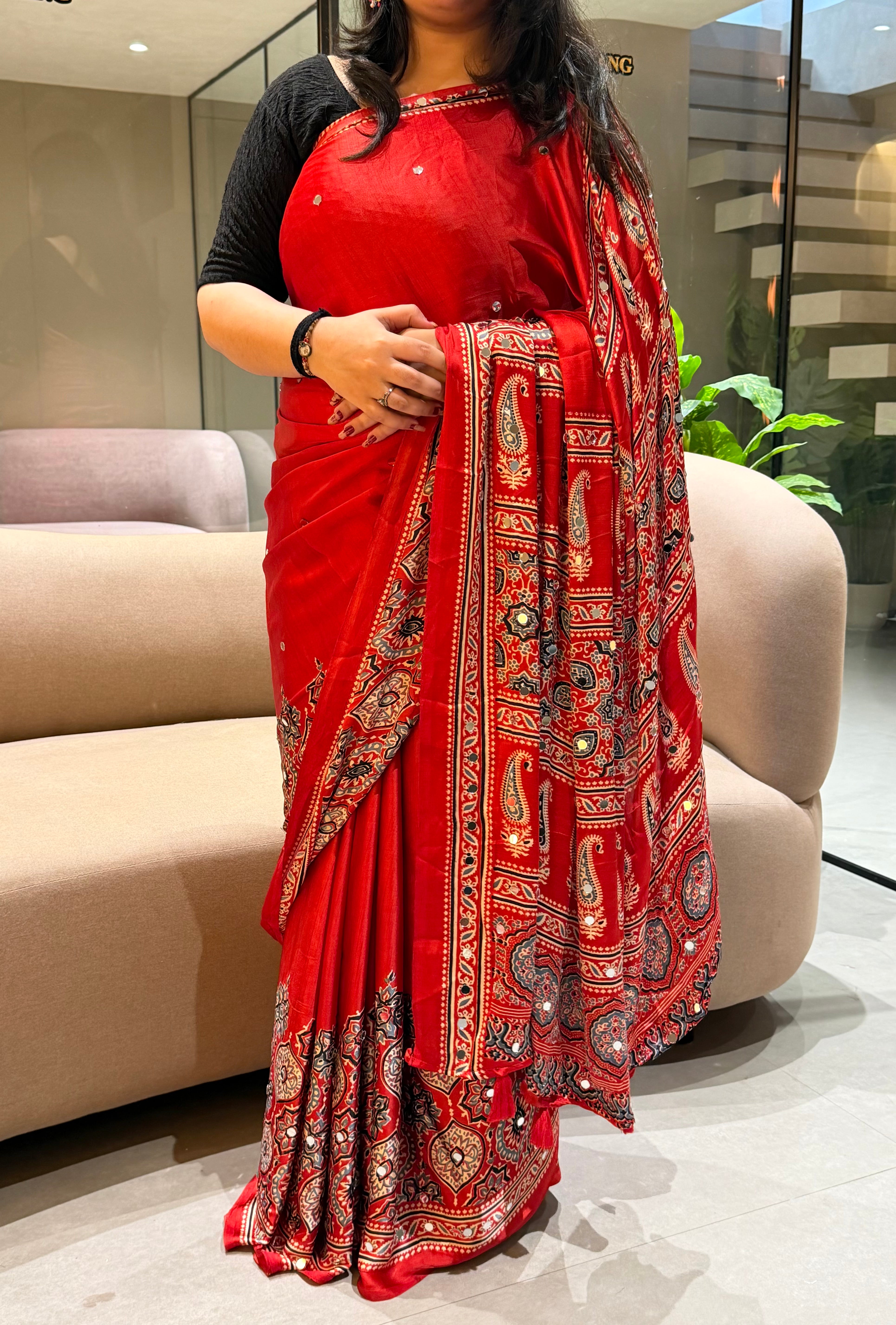 Divine Function Wear Satin Silk Heavy Mirror n Latkan Pallu Designer Saree With Unstitched Blouse Piece
