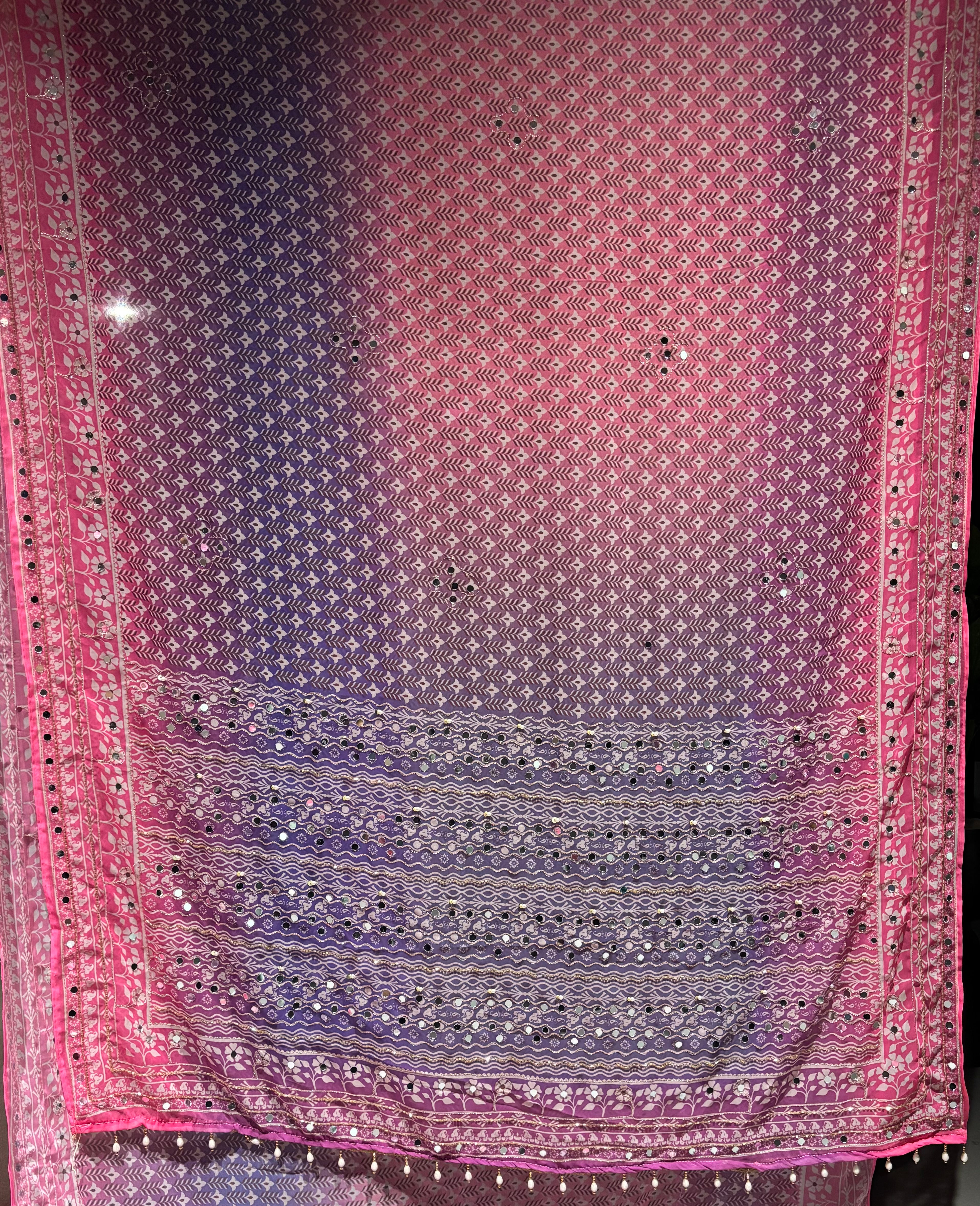 Splendorous Double Shaded Geogette Thread n Mirror Work Designer Saree For Wedding