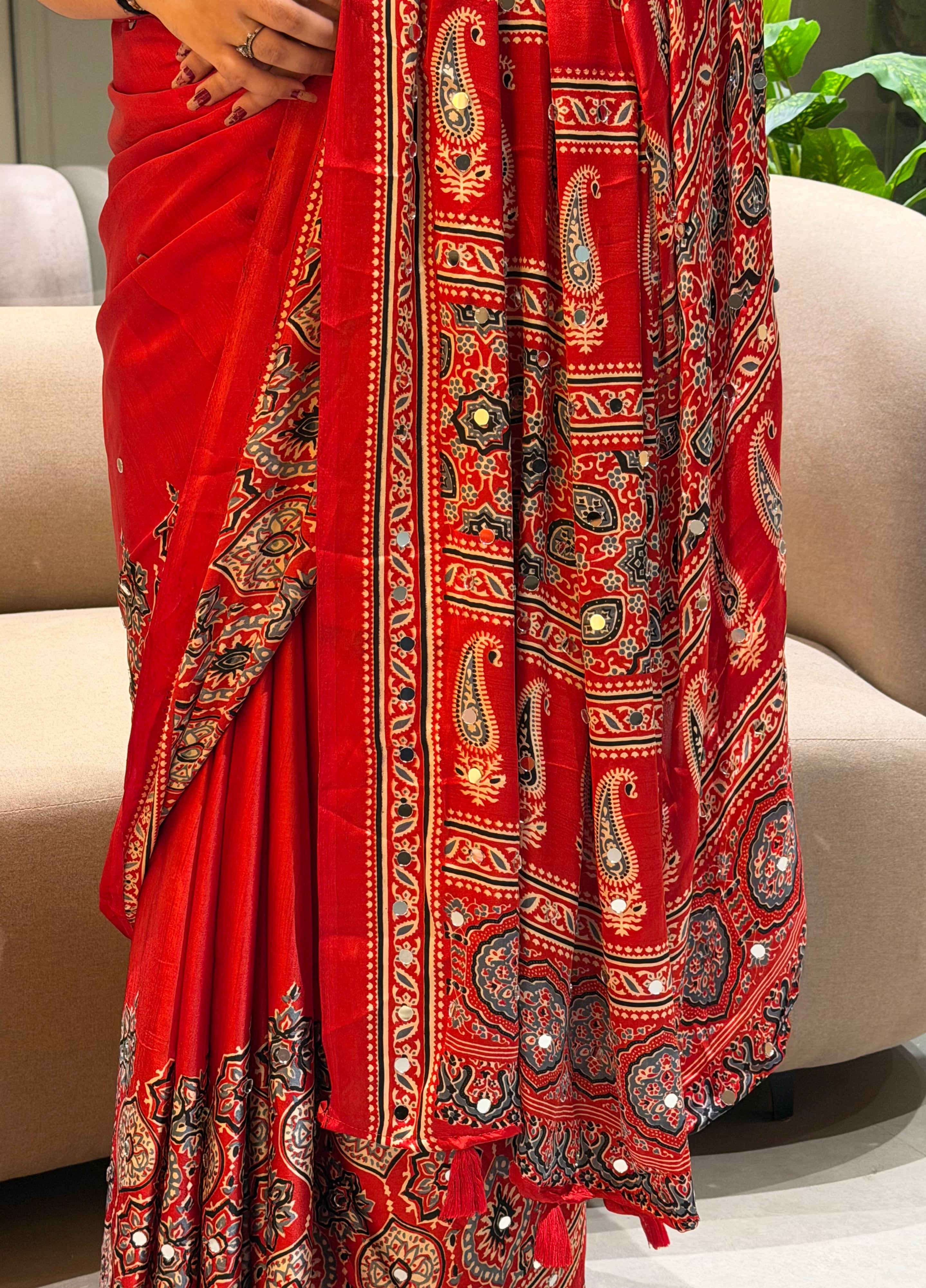 Divine Function Wear Satin Silk Heavy Mirror n Latkan Pallu Designer Saree With Unstitched Blouse Piece
