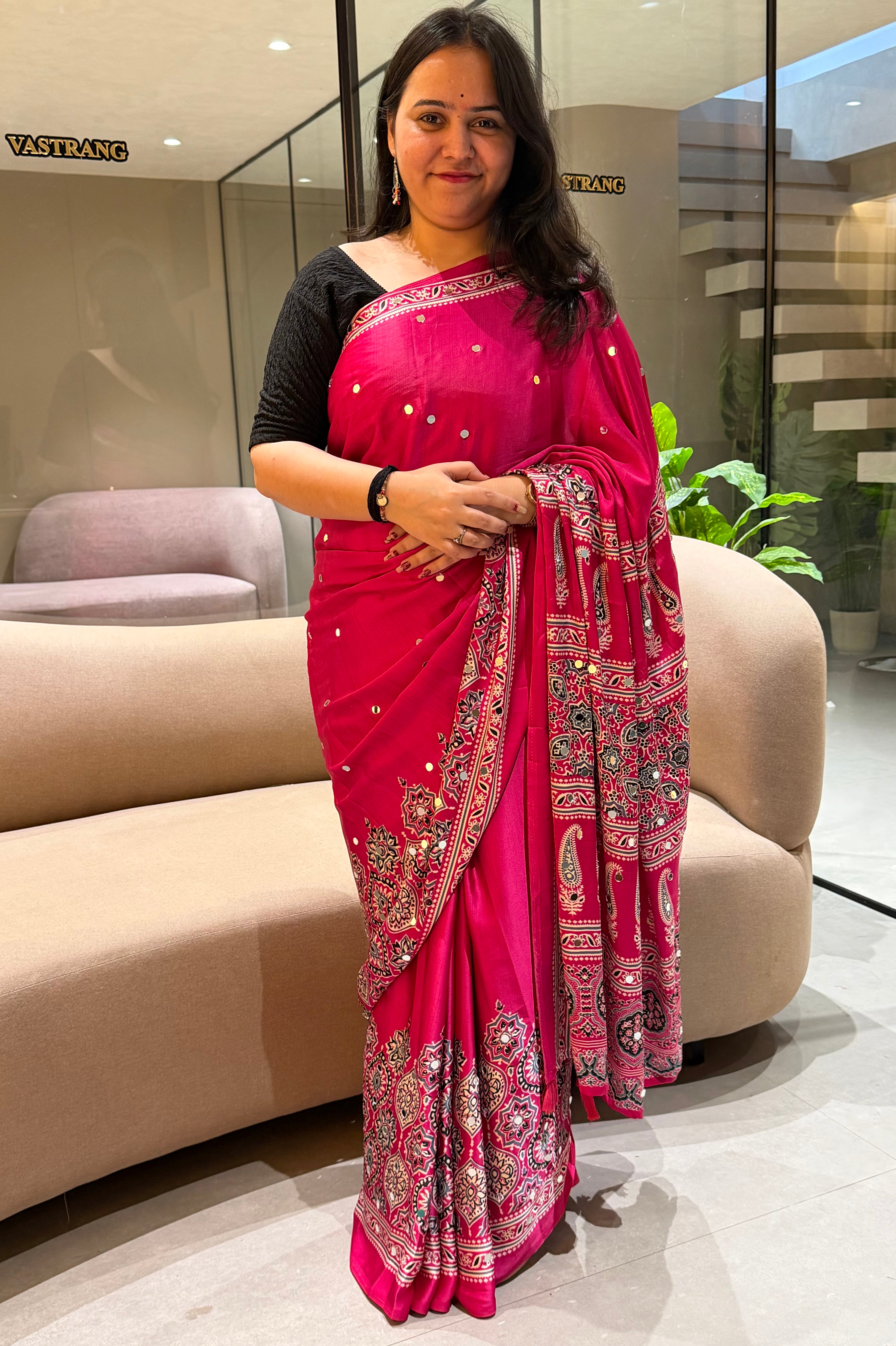Divine Function Wear Satin Silk Heavy Mirror n Latkan Pallu Designer Saree With Unstitched Blouse Piece