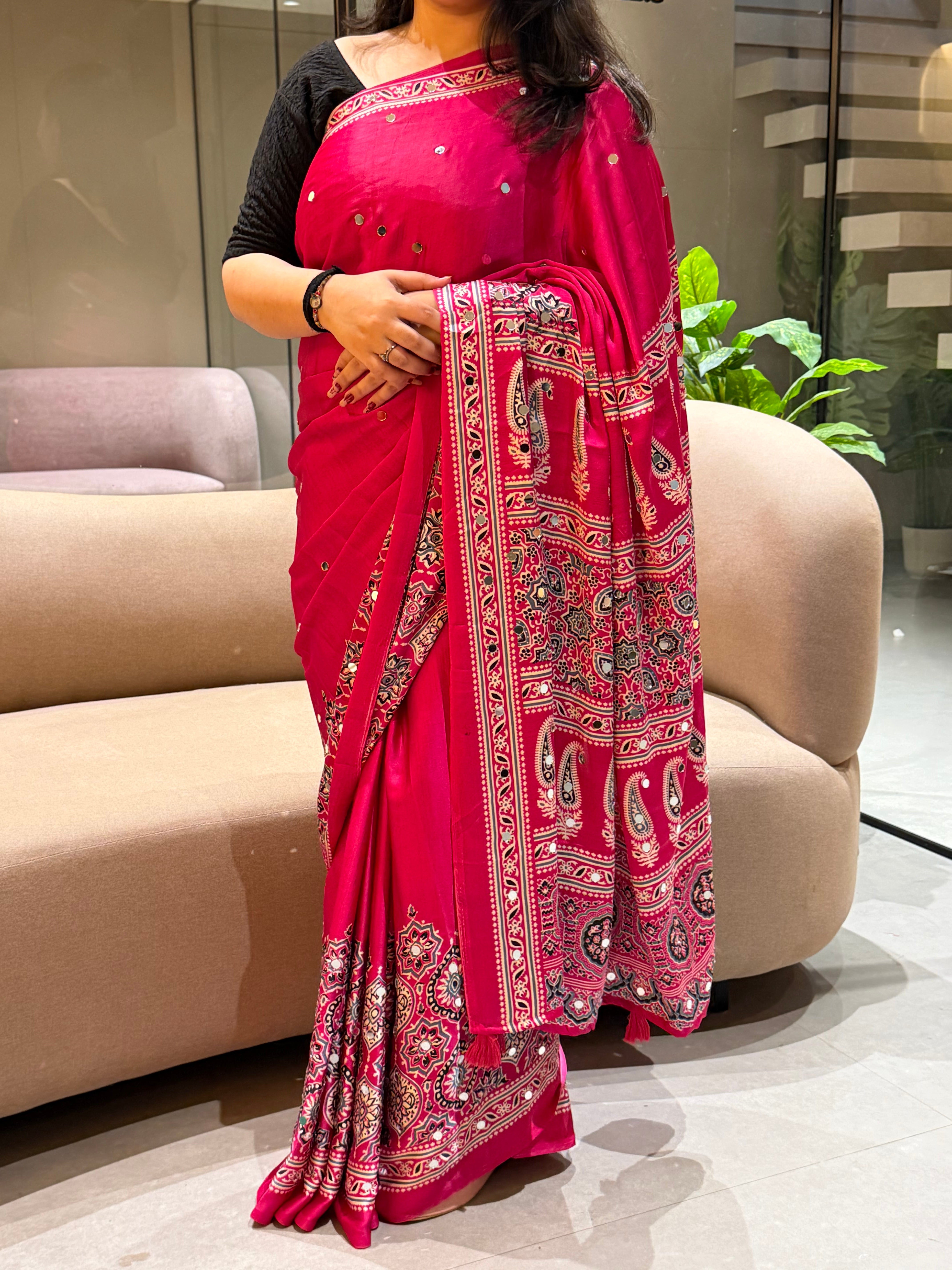 Divine Function Wear Satin Silk Heavy Mirror n Latkan Pallu Designer Saree With Unstitched Blouse Piece