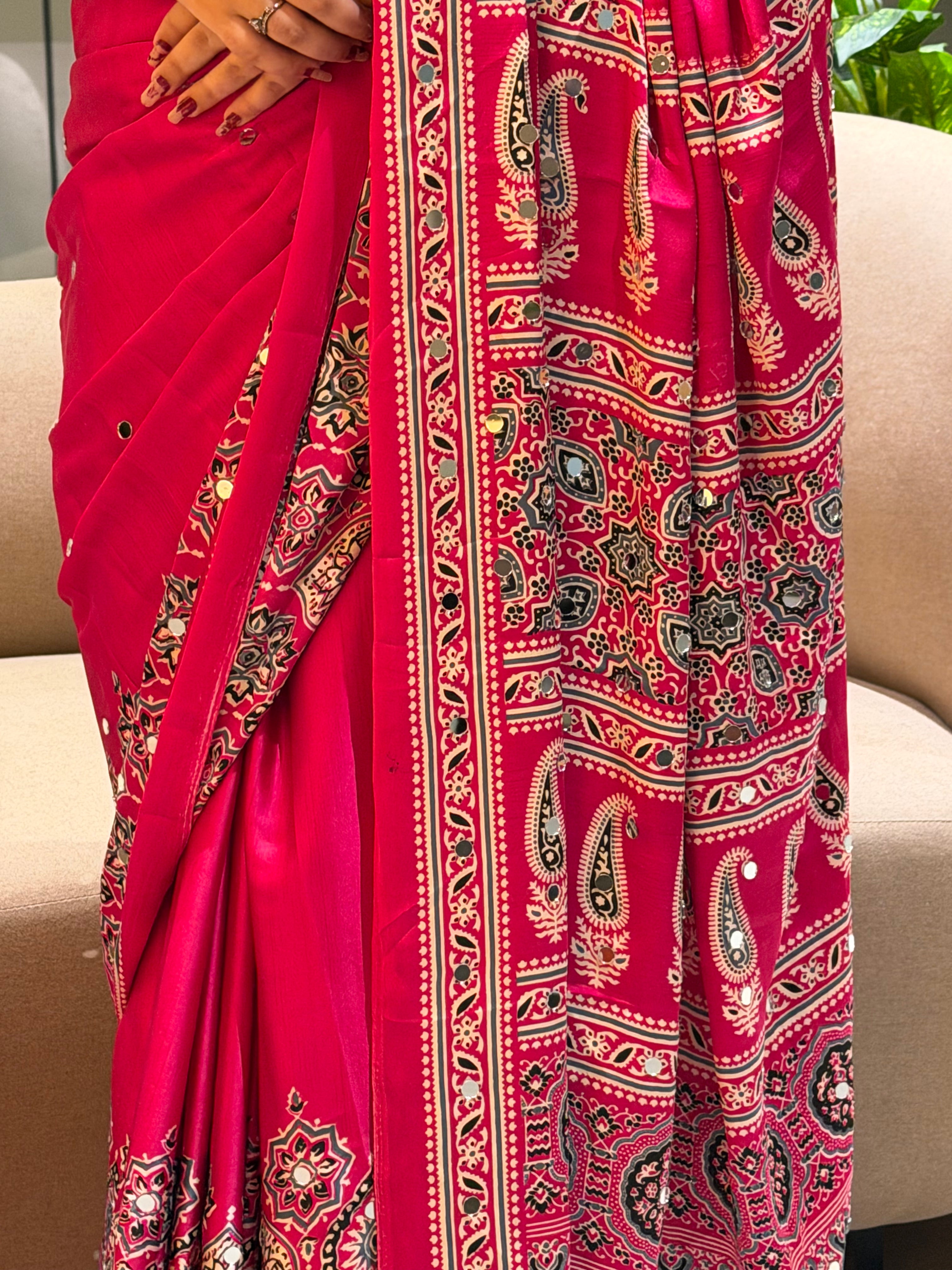 Divine Function Wear Satin Silk Heavy Mirror n Latkan Pallu Designer Saree With Unstitched Blouse Piece