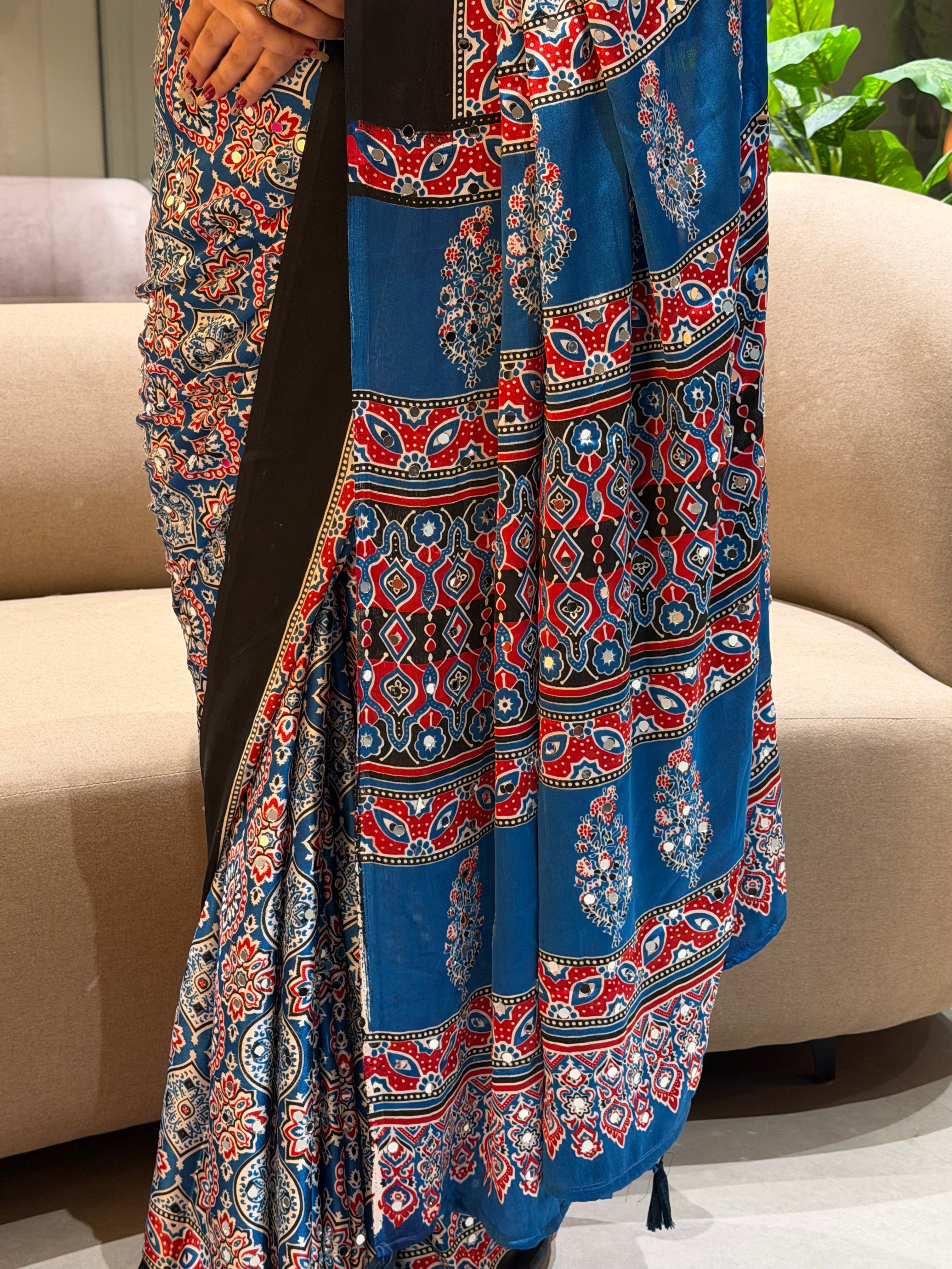 Dazzling Function Wear Satin Silk Heavy Mirror n Latkan Pallu Designer Saree With Unstitched Blouse Piece