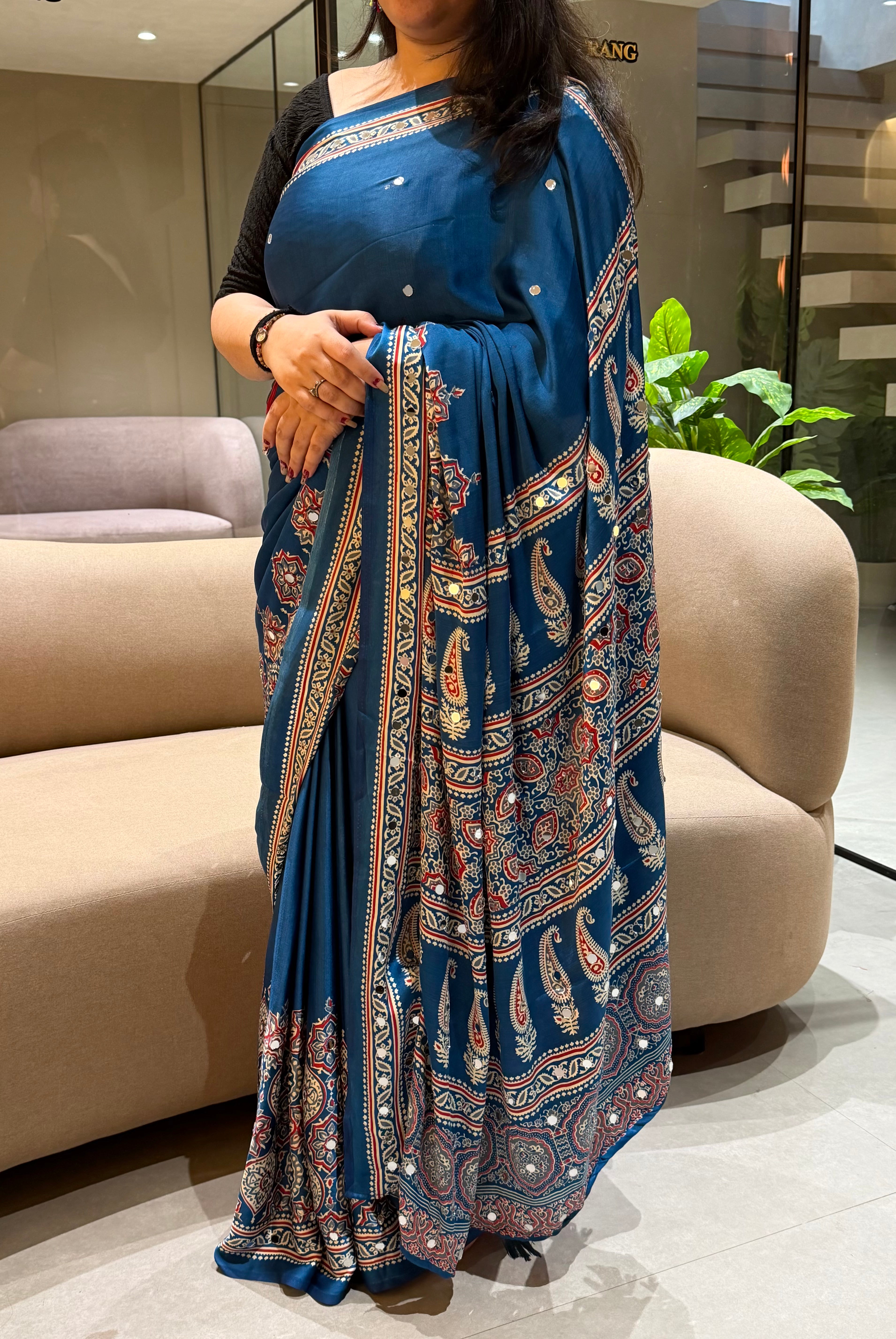 Divine Function Wear Satin Silk Heavy Mirror n Latkan Pallu Designer Saree With Unstitched Blouse Piece