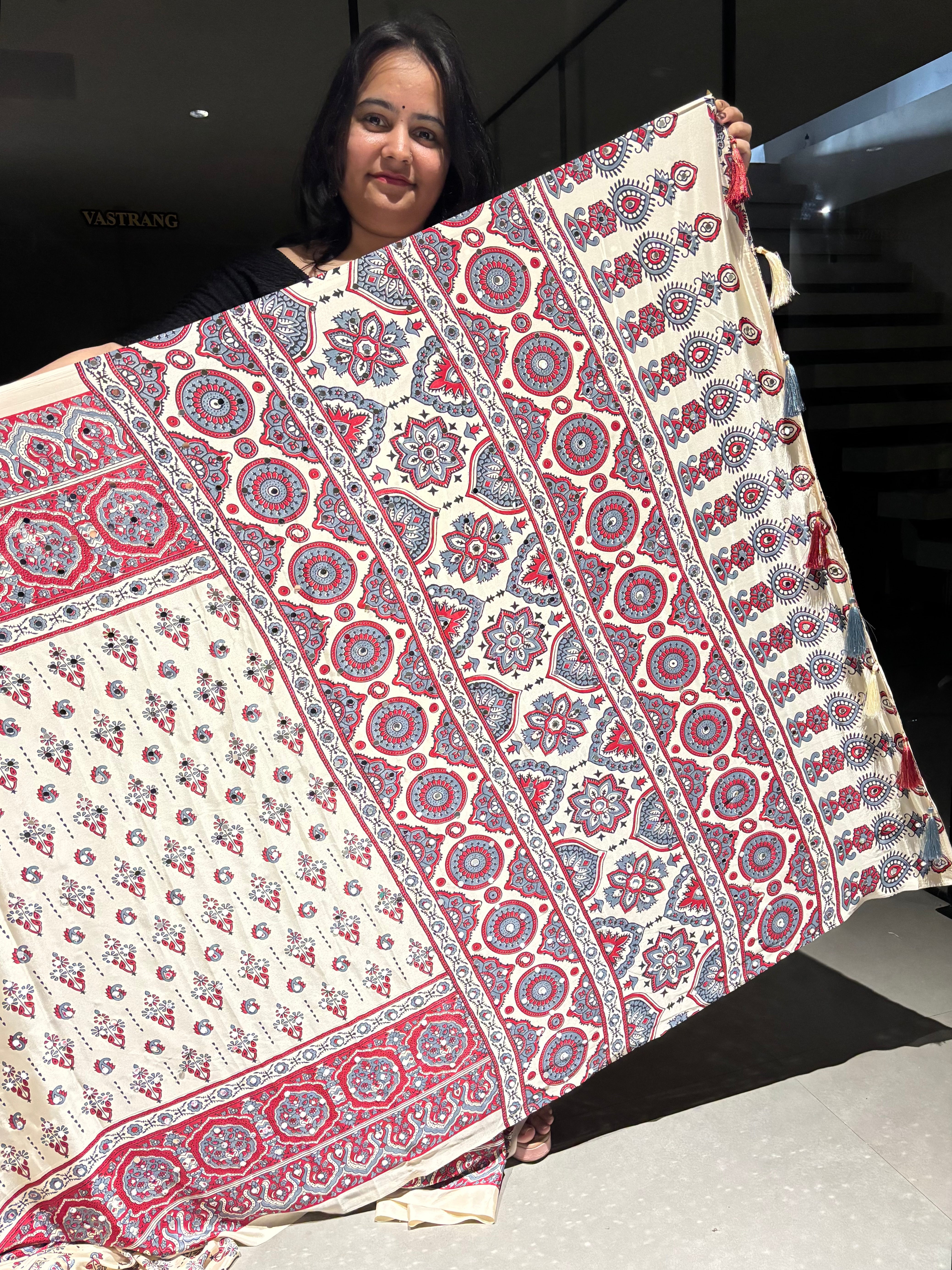 Whimsical Festive Wear Pure Satin Silk Ajrak Printed Rich Pallu n Mirror Work Fancy Saree With Blouse Piece