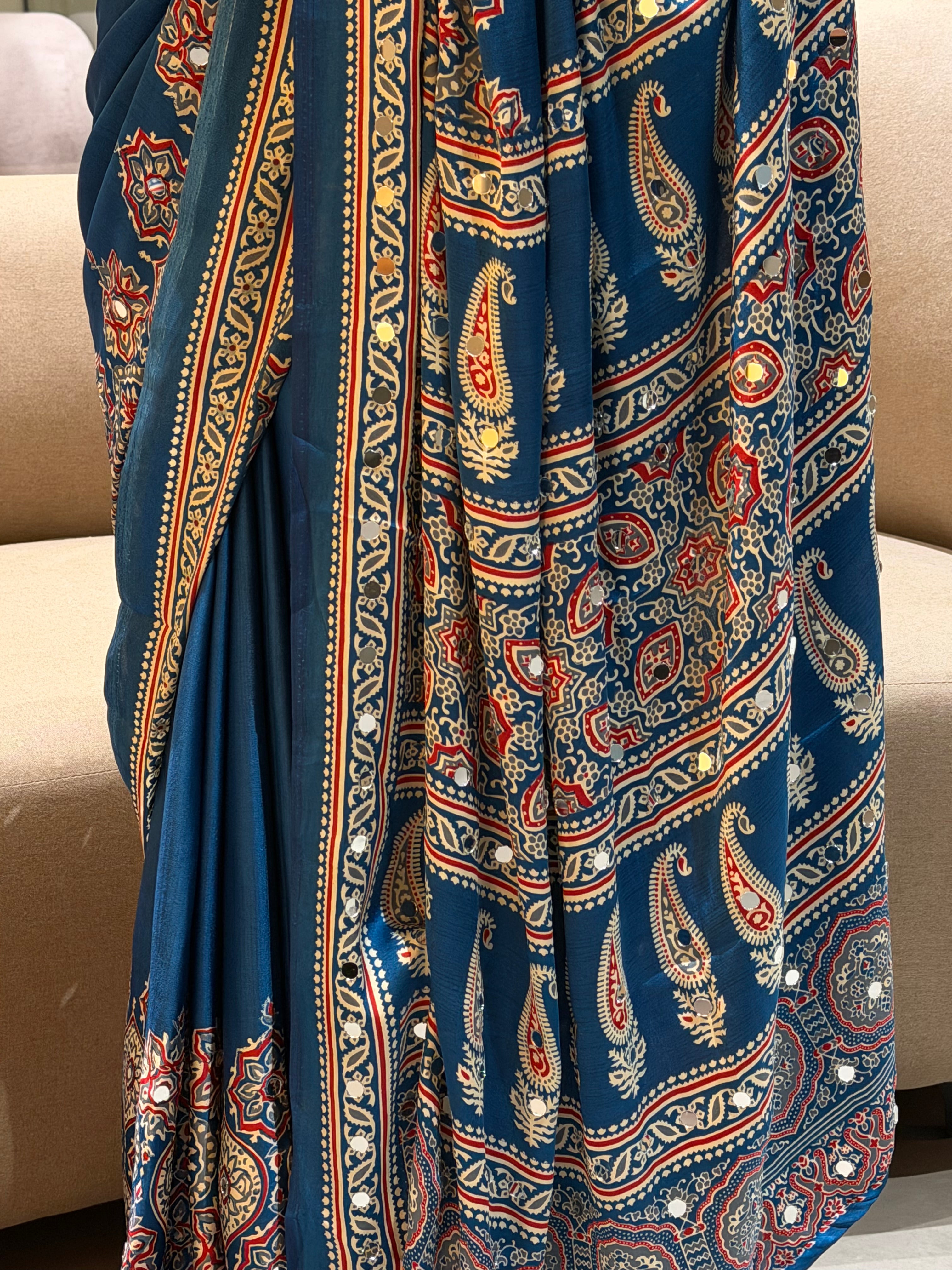 Divine Function Wear Satin Silk Heavy Mirror n Latkan Pallu Designer Saree With Unstitched Blouse Piece