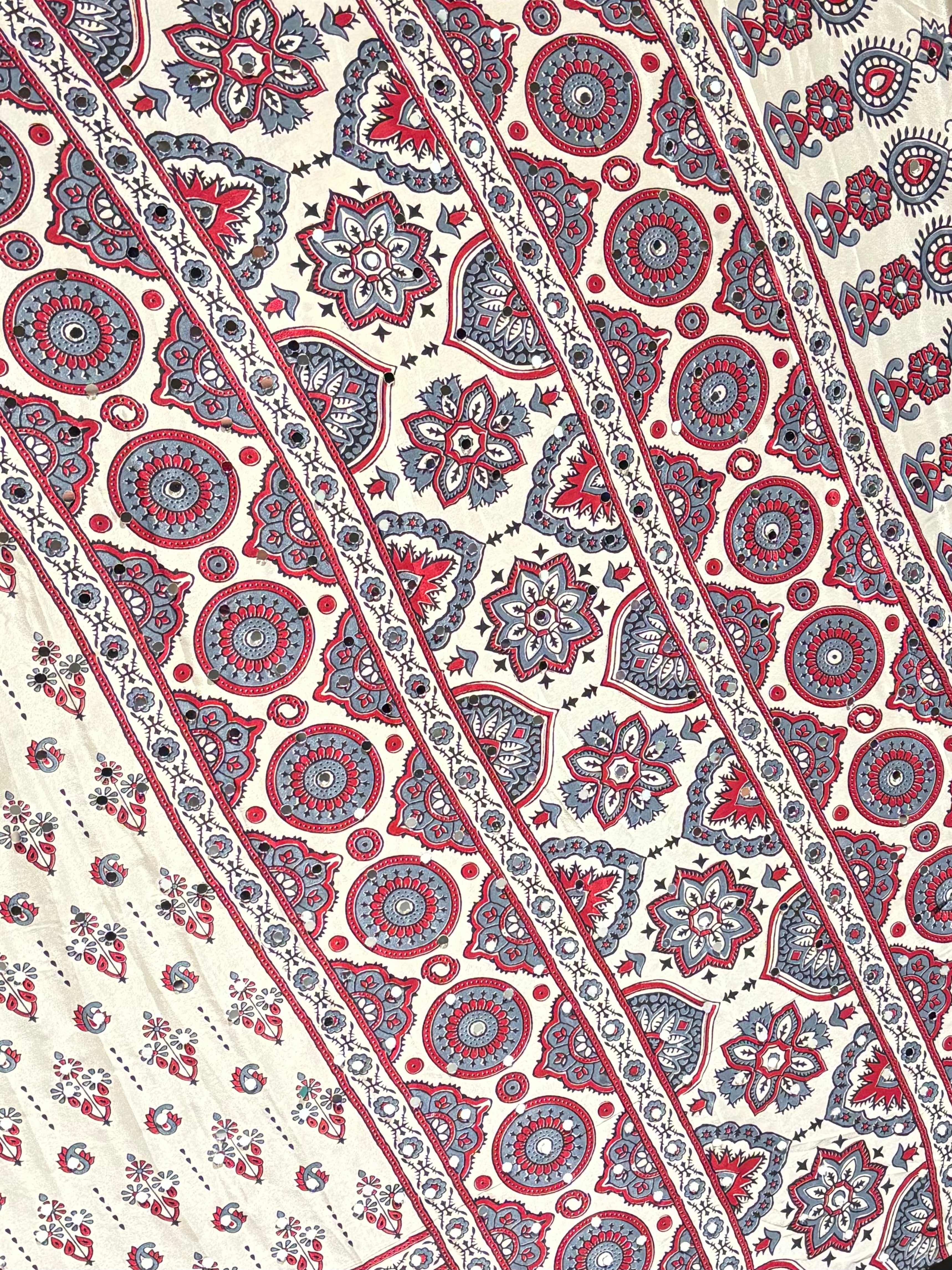 Whimsical Festive Wear Pure Satin Silk Ajrak Printed Rich Pallu n Mirror Work Fancy Saree With Blouse Piece