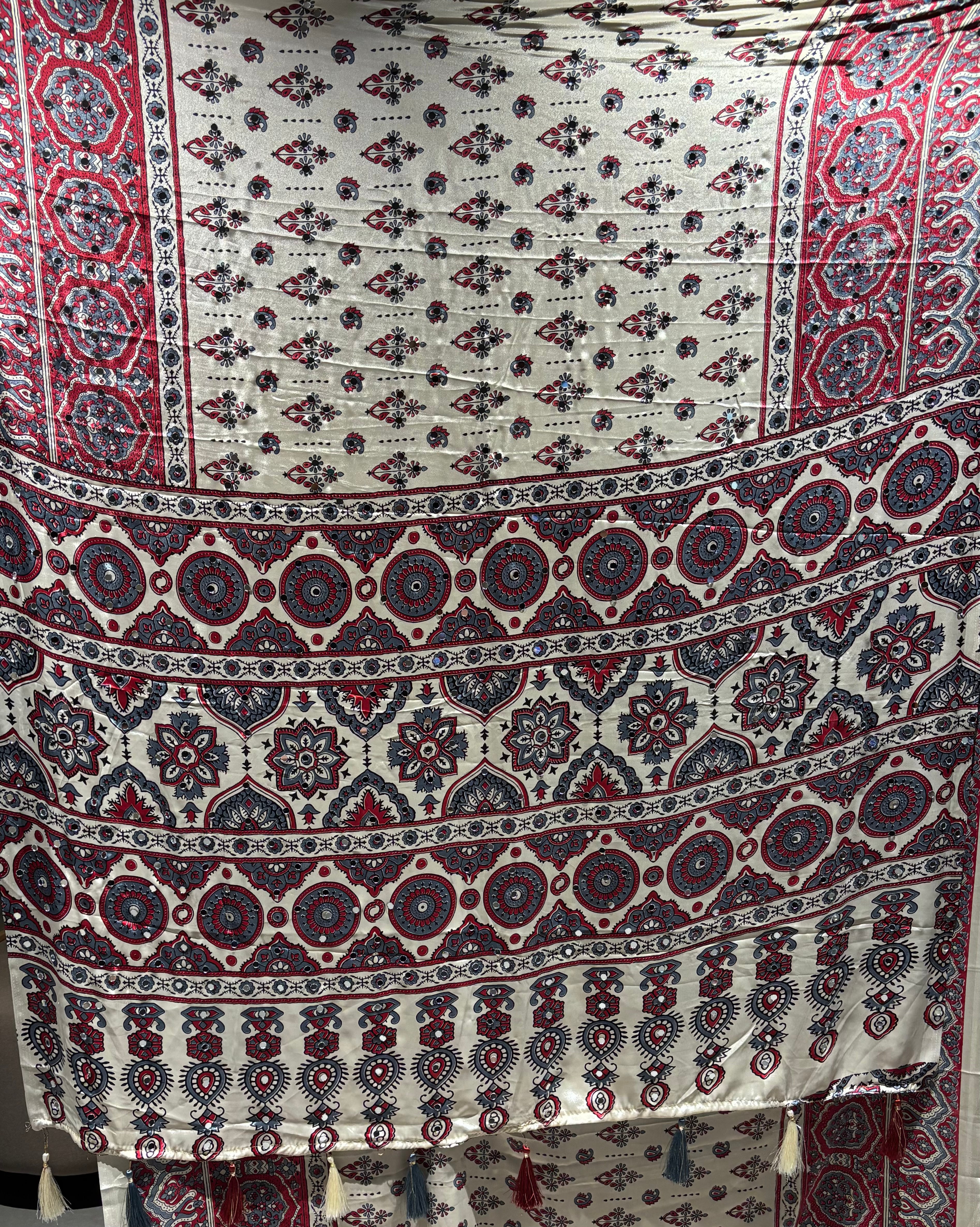 Whimsical Festive Wear Pure Satin Silk Ajrak Printed Rich Pallu n Mirror Work Fancy Saree With Blouse Piece