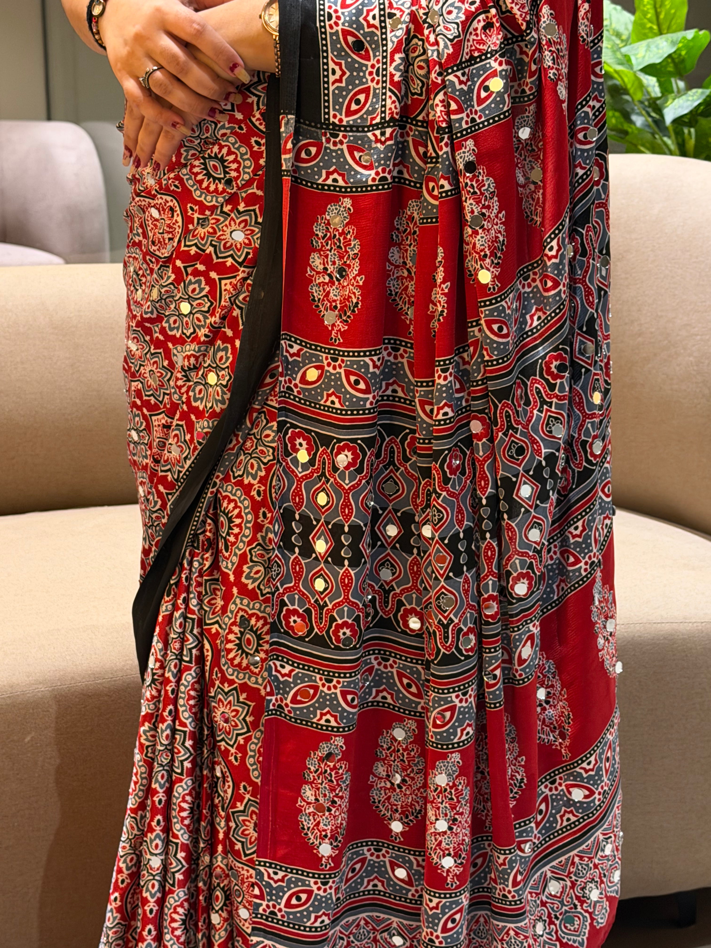 Dazzling Function Wear Satin Silk Heavy Mirror n Latkan Pallu Designer Saree With Unstitched Blouse Piece