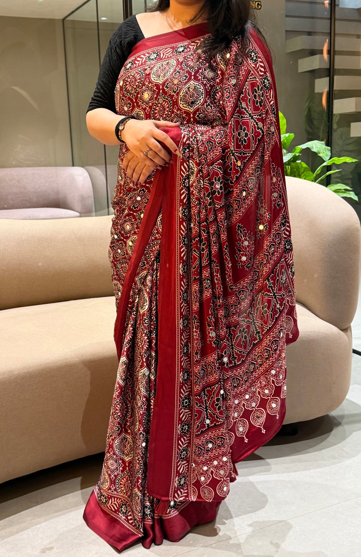 Charming Festive Wear Satin Silk Heavy Mirror n Latkan Pallu Designer Saree With Unstitched Blouse Piece