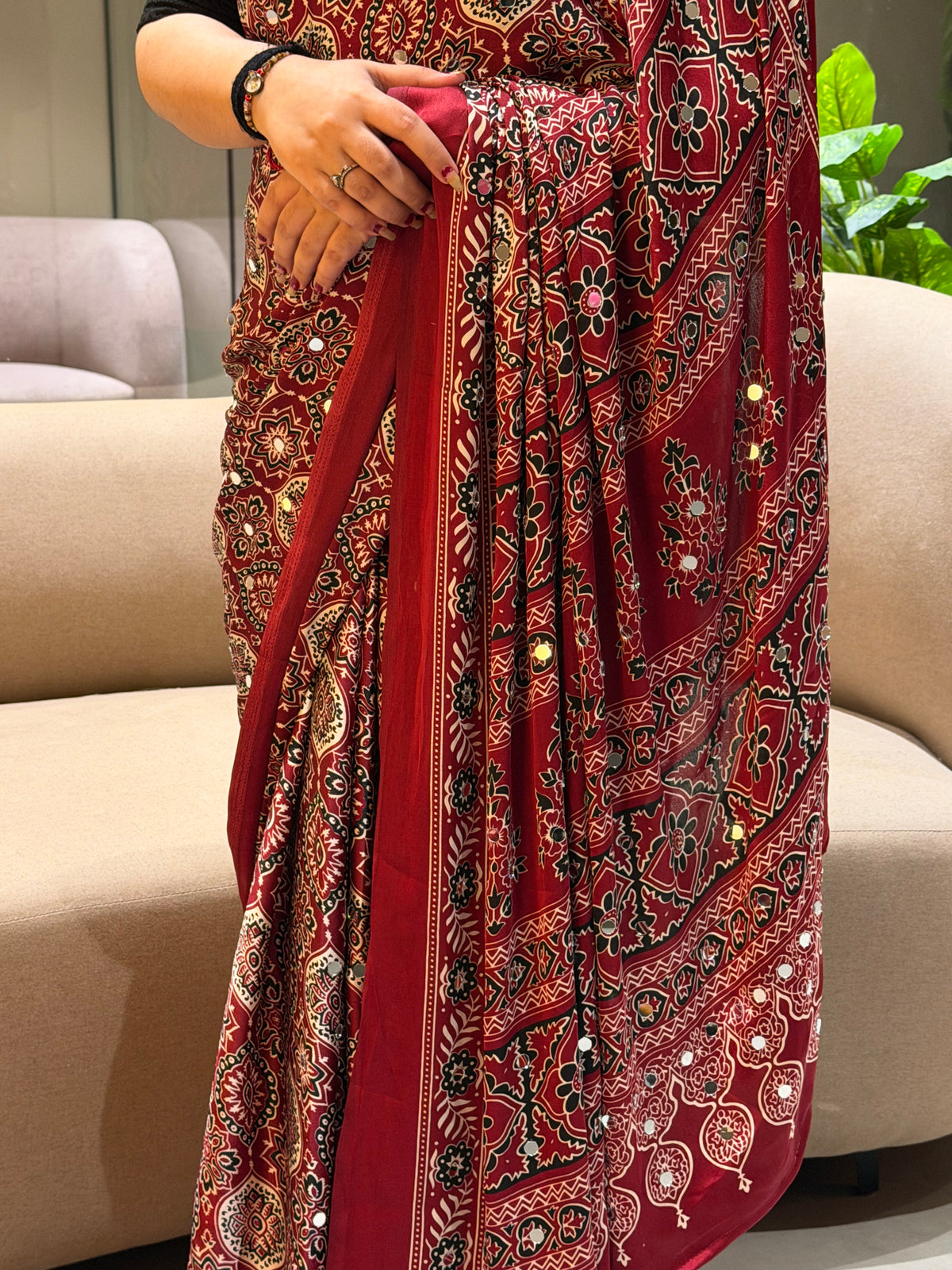 Charming Festive Wear Satin Silk Heavy Mirror n Latkan Pallu Designer Saree With Unstitched Blouse Piece