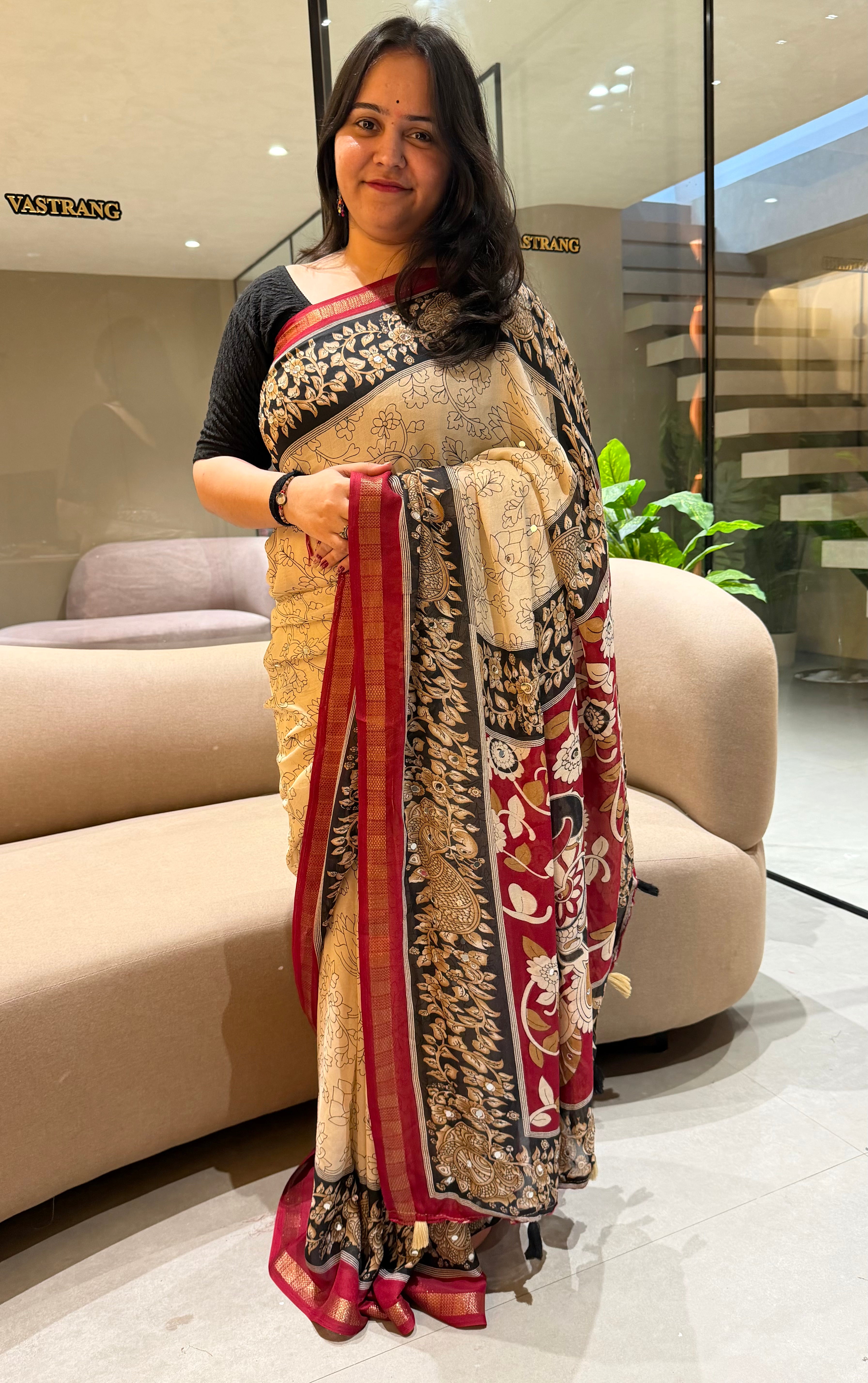 Delightful Function Wear Linen cotton Jacquard Border Mirror Work Designer Saree
