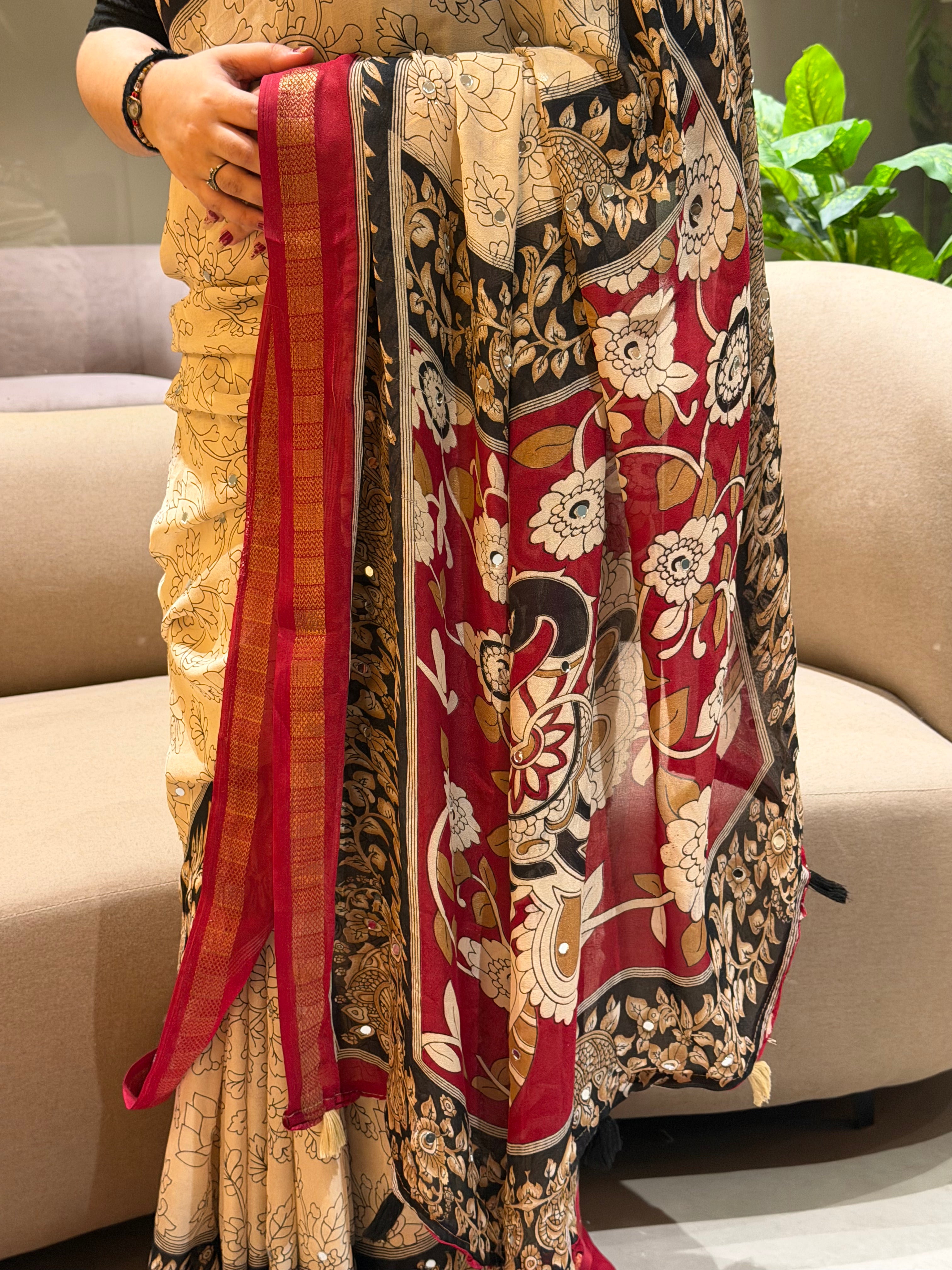 Delightful Function Wear Linen cotton Jacquard Border Mirror Work Designer Saree