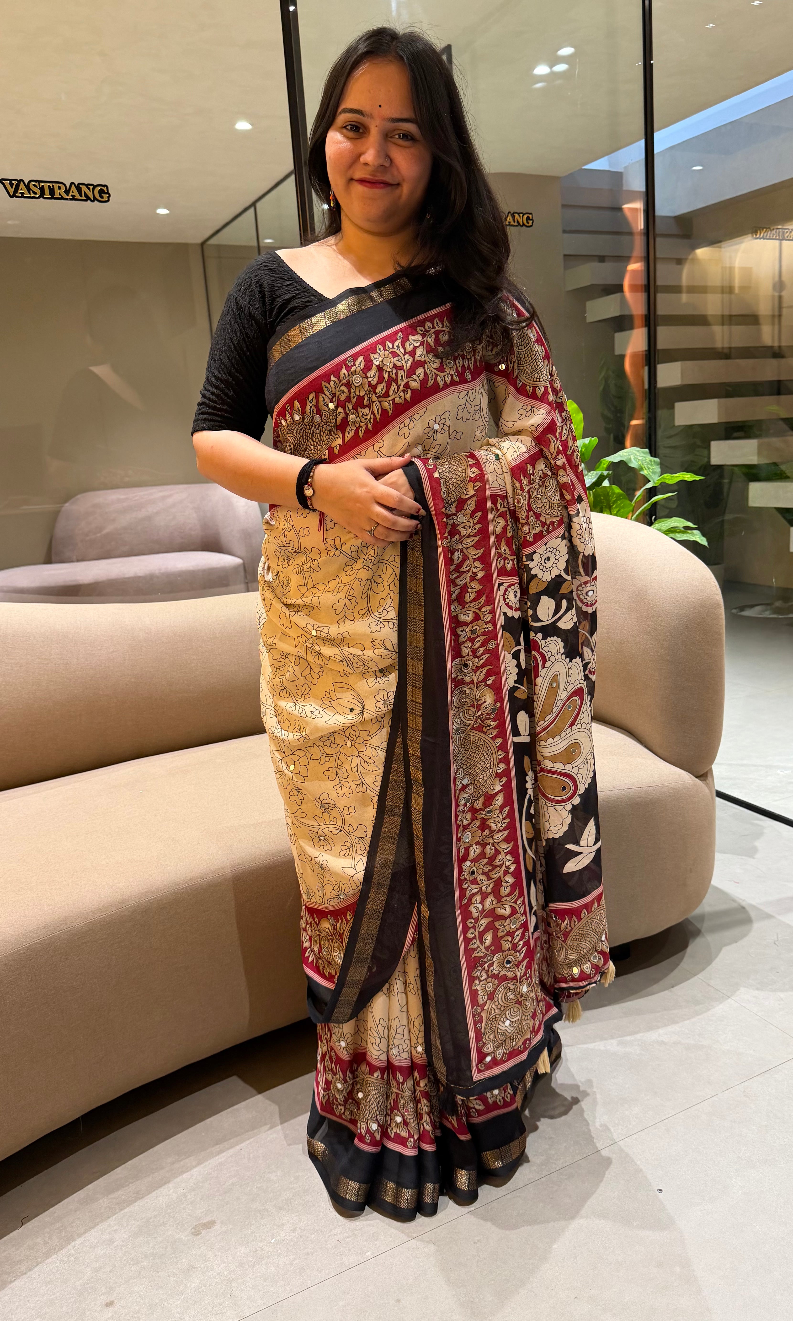 Delightful Function Wear Linen cotton Jacquard Border Mirror Work Designer Saree