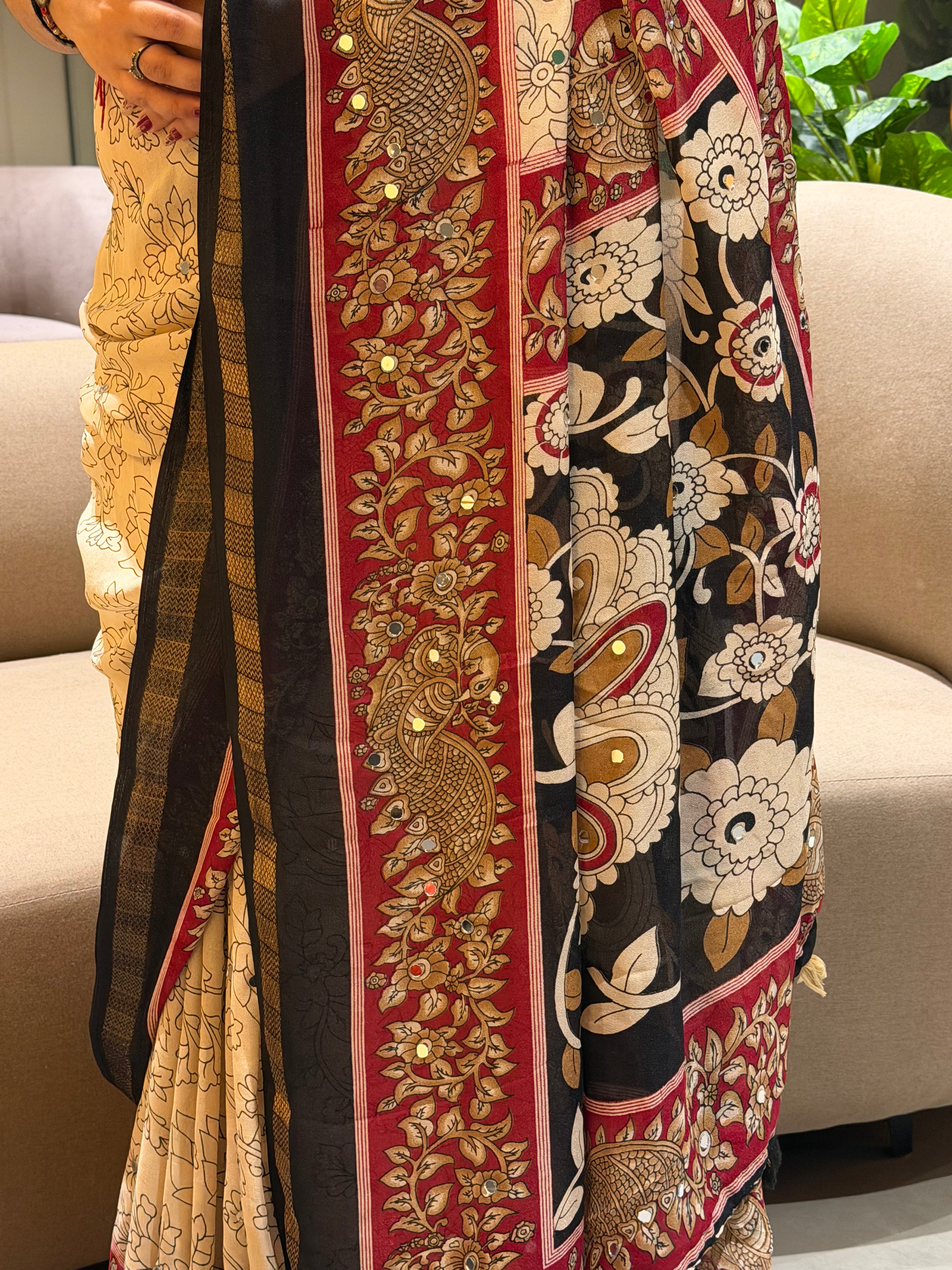Delightful Function Wear Linen cotton Jacquard Border Mirror Work Designer Saree