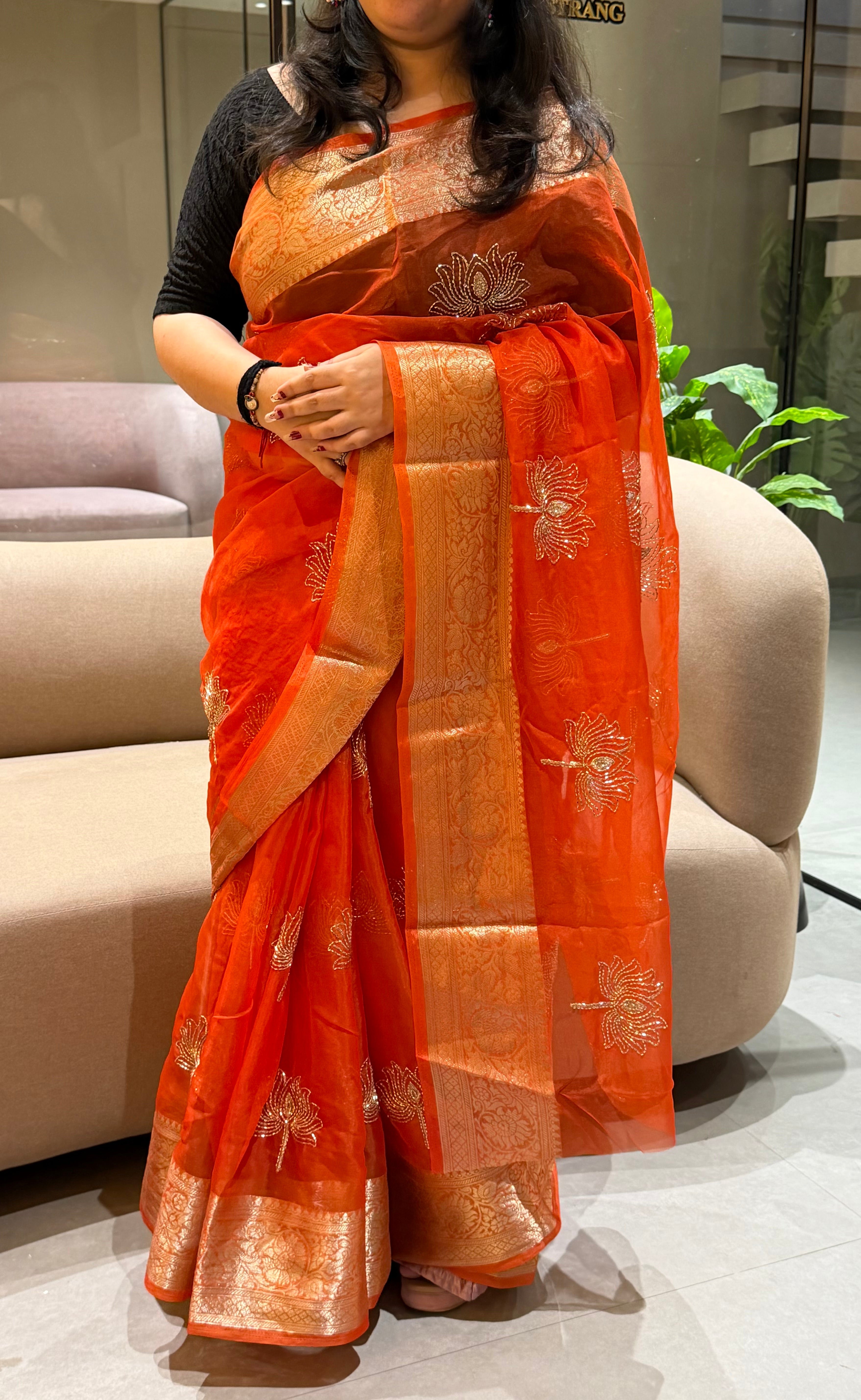 Whimsical Party Wear Organza Silk Jacquard Border n Beads Work Fancy Saree With Blouse Piece