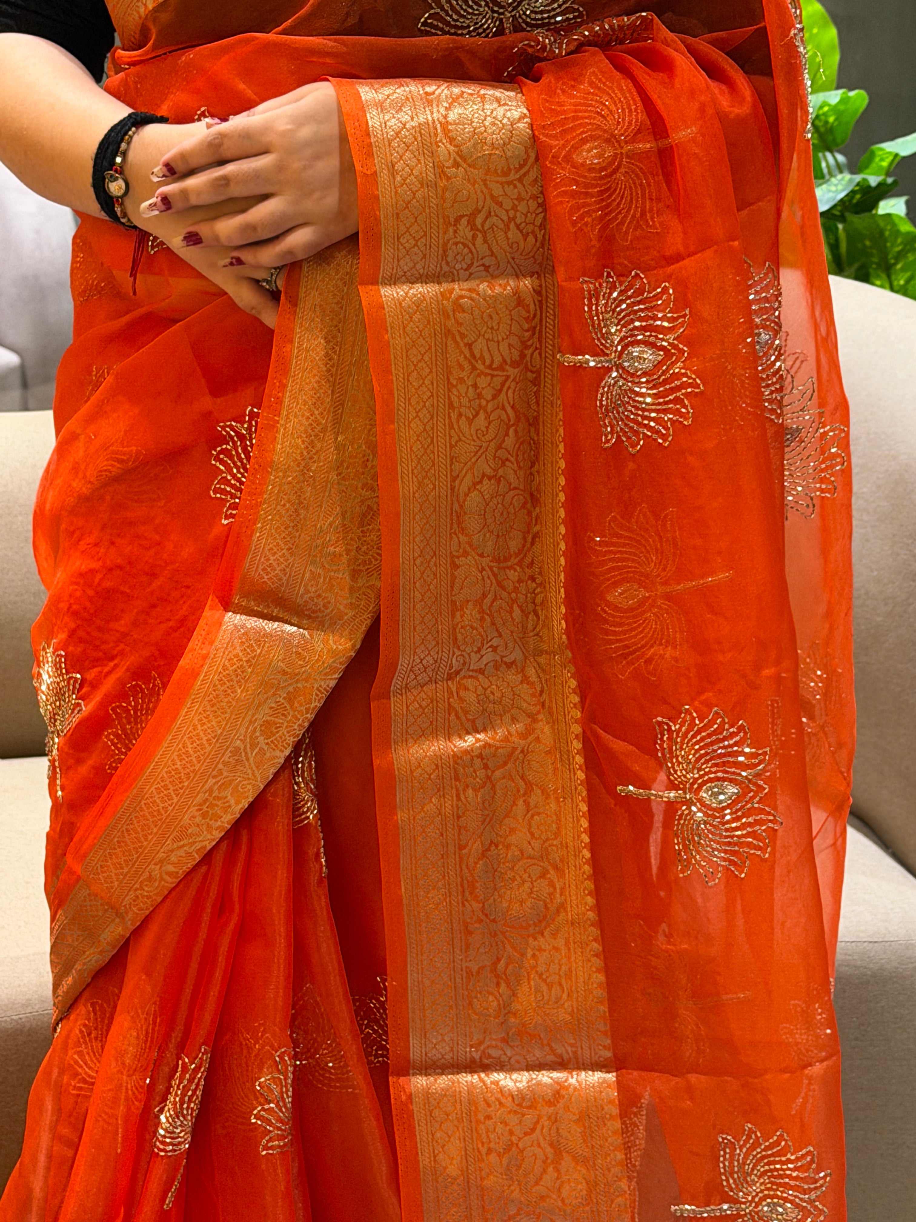 Whimsical Party Wear Organza Silk Jacquard Border n Beads Work Fancy Saree With Blouse Piece