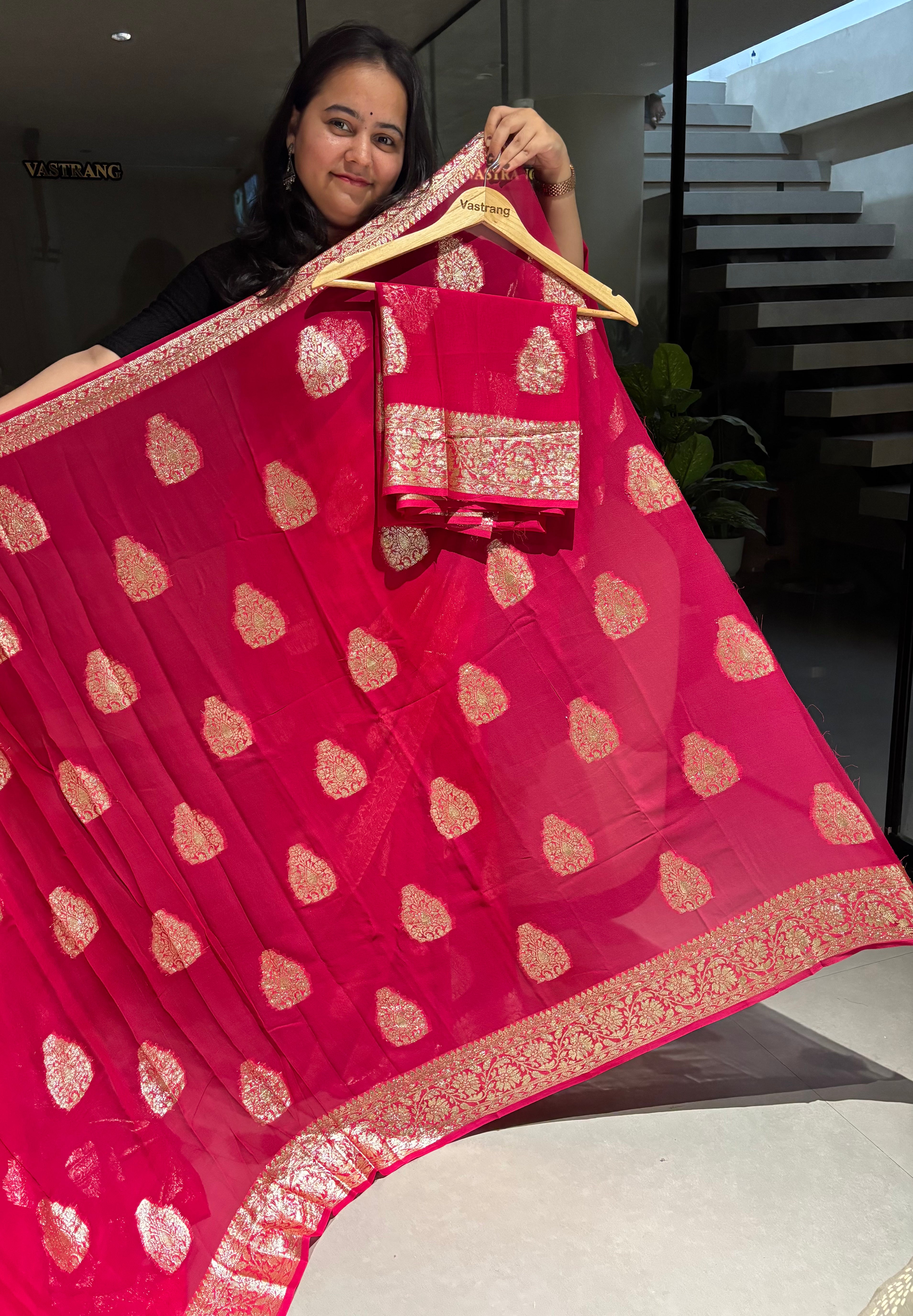 Gorgeous Party Wear Viscose Georgette Jacquard Zari Work Saree With Elegant Blouse Piece