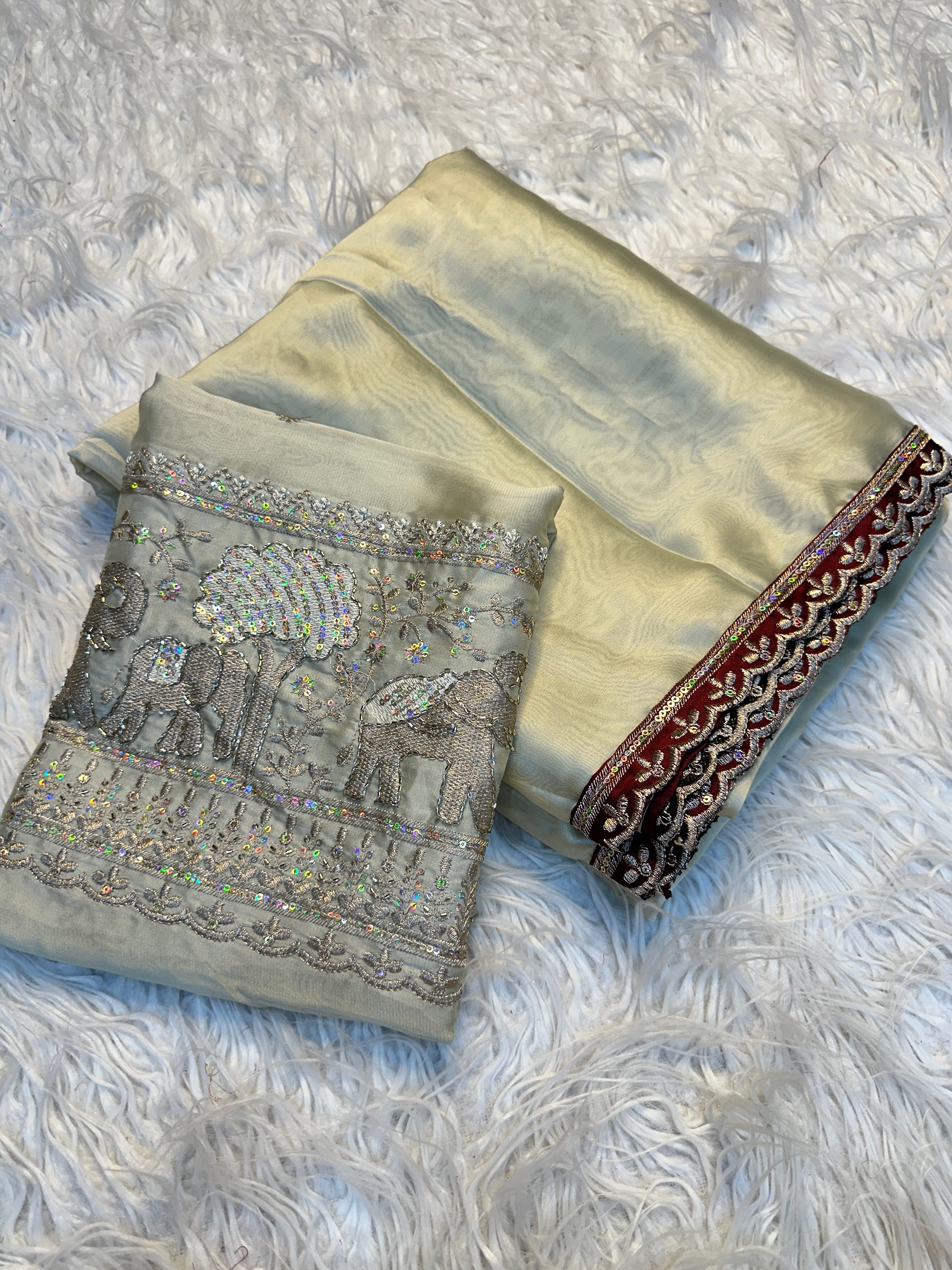 Divine Festive Wear Silk Embroidery n Bids Work Blouse Designer Saree For Occasion