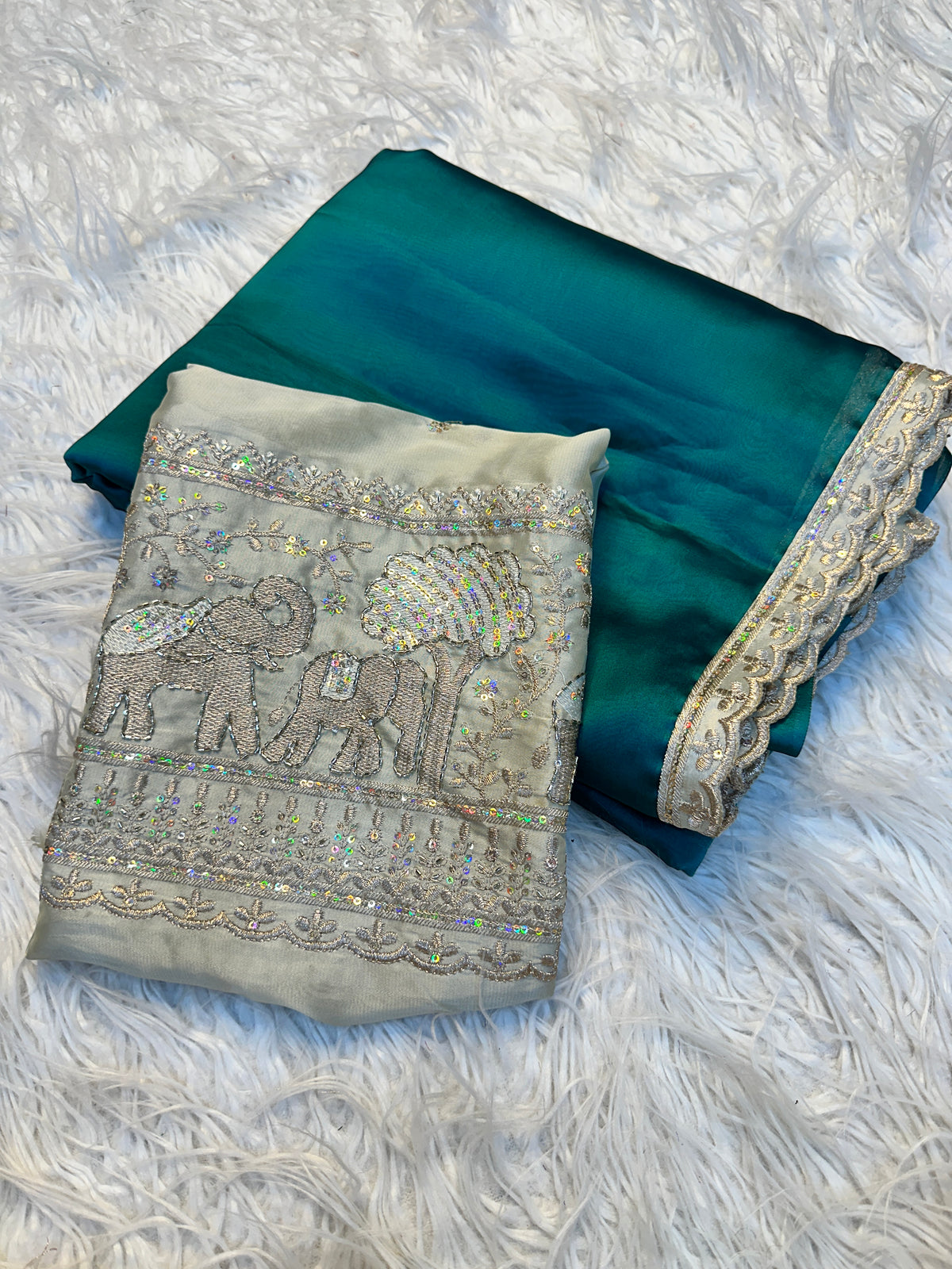 Divine Festive Wear Silk Embroidery n Bids Work Blouse Designer Saree For Occasion