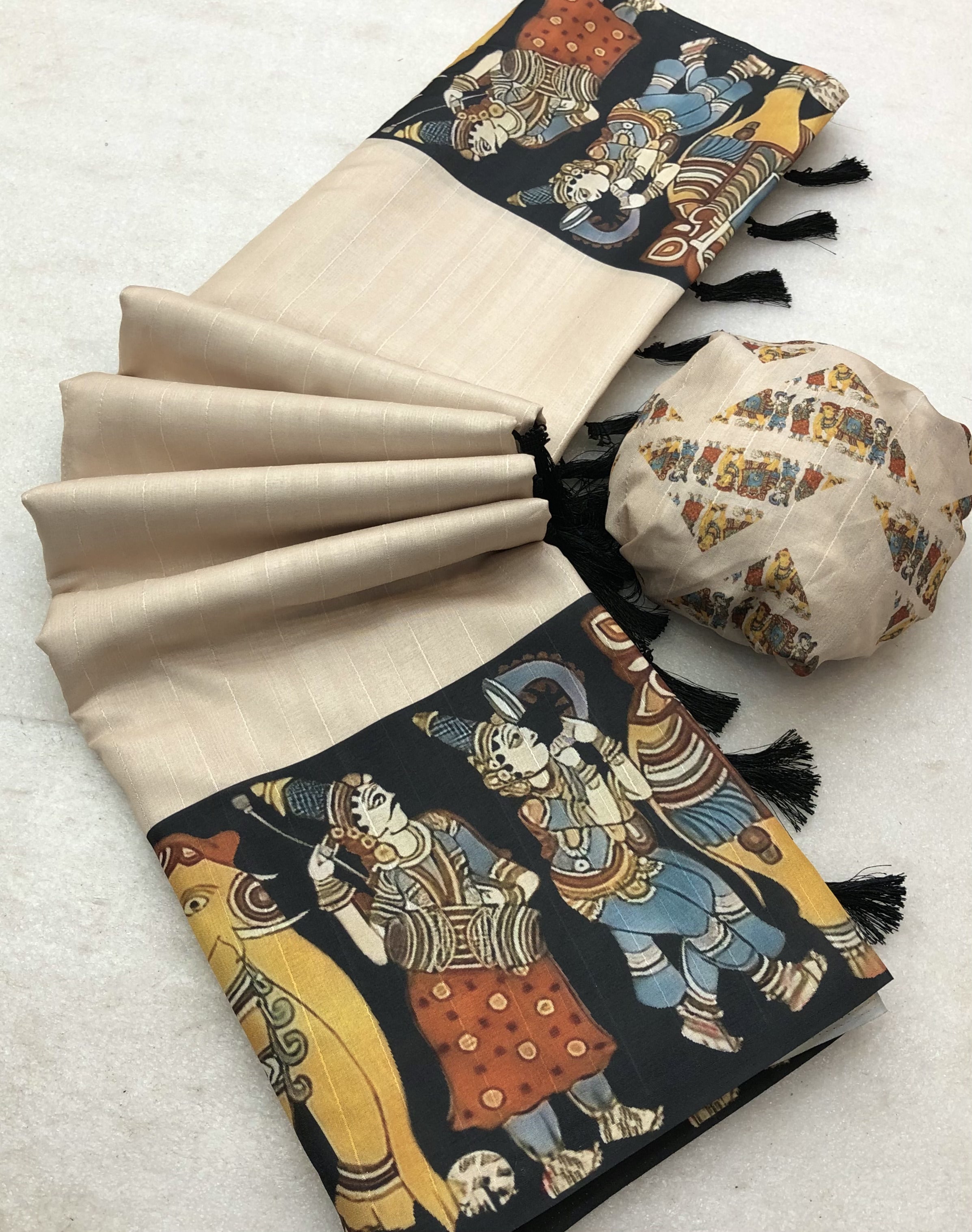 New Festive wear Handloom Tussar Silk Kalamkari Print With Tussle Work Fancy Designer Saree With Blouse
